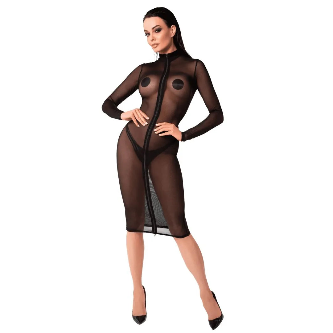 Robe midi transparente élastique maille séduisante fermeture éclair ajustable