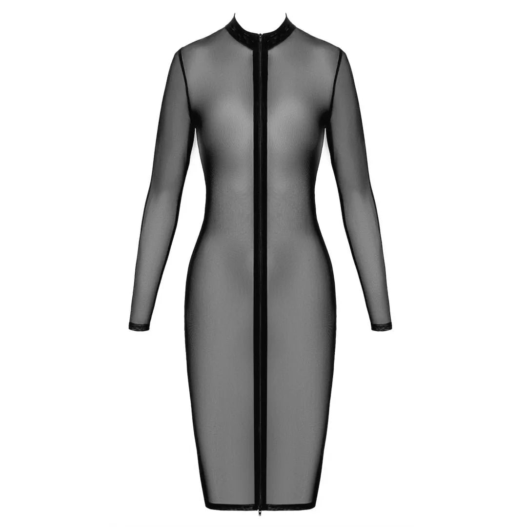Robe midi transparente élastique maille séduisante fermeture éclair ajustable