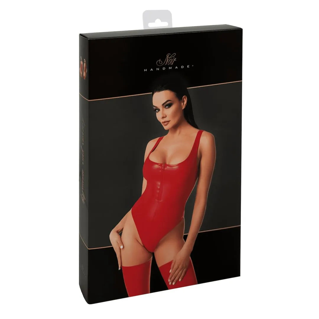 Body rouge Elysium Wetlook élastique avec fermeture éclair, ajusté, séduisant, idéal pour soirées coquines et sexy.