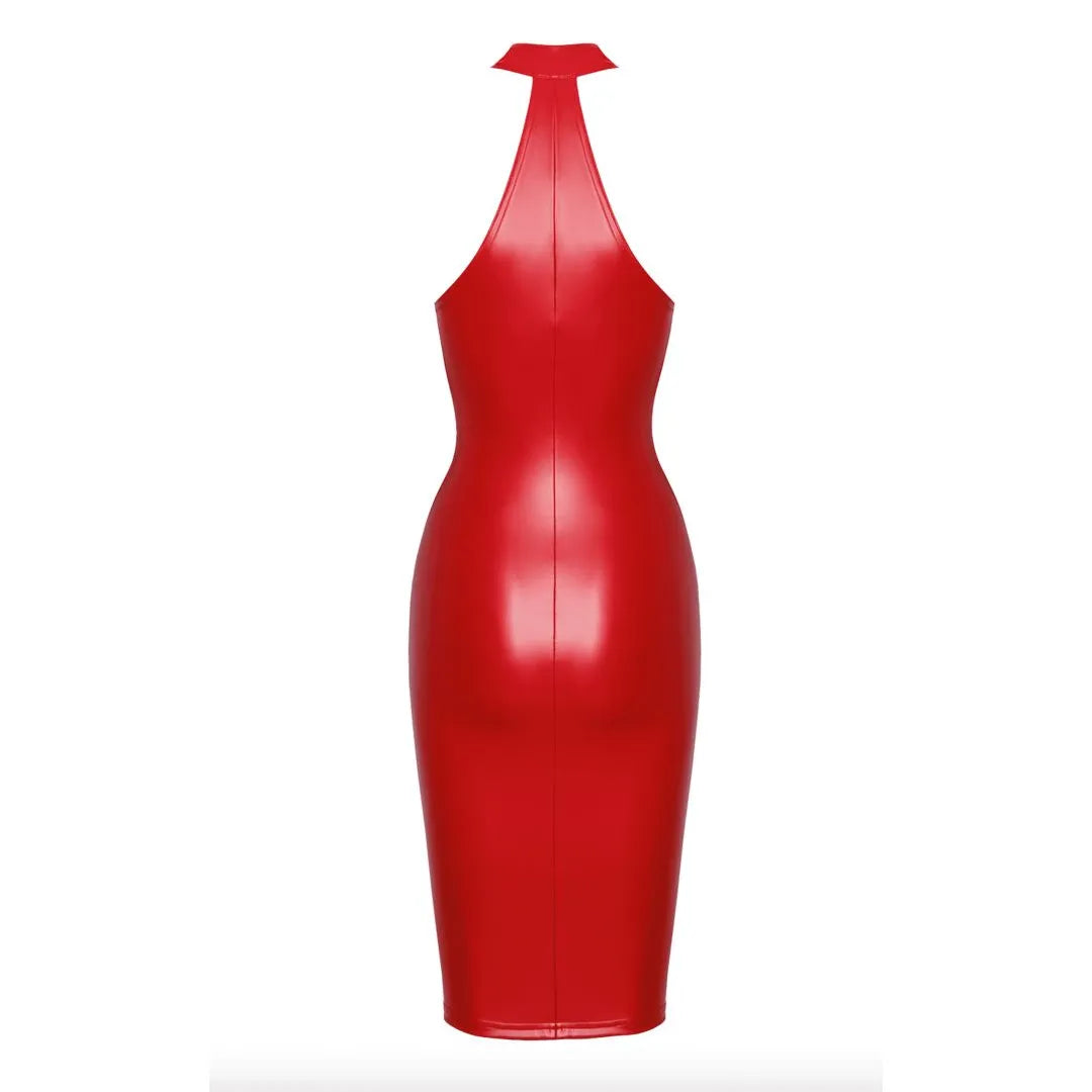 Robe midi rouge wetlook élastique dos nu fermeture éclair soirée audacieuse