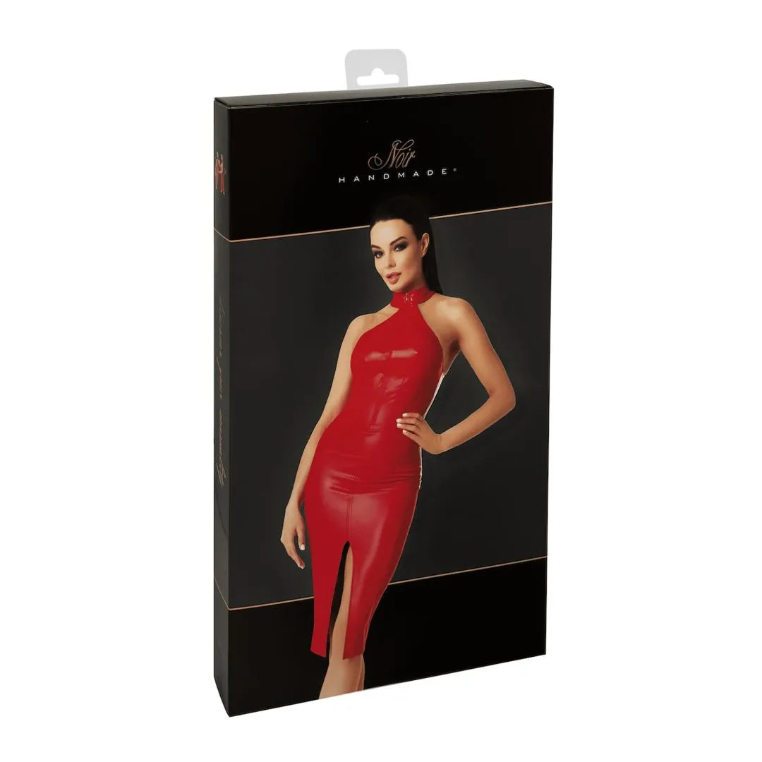 Robe midi rouge wetlook élastique dos nu fermeture éclair soirée audacieuse