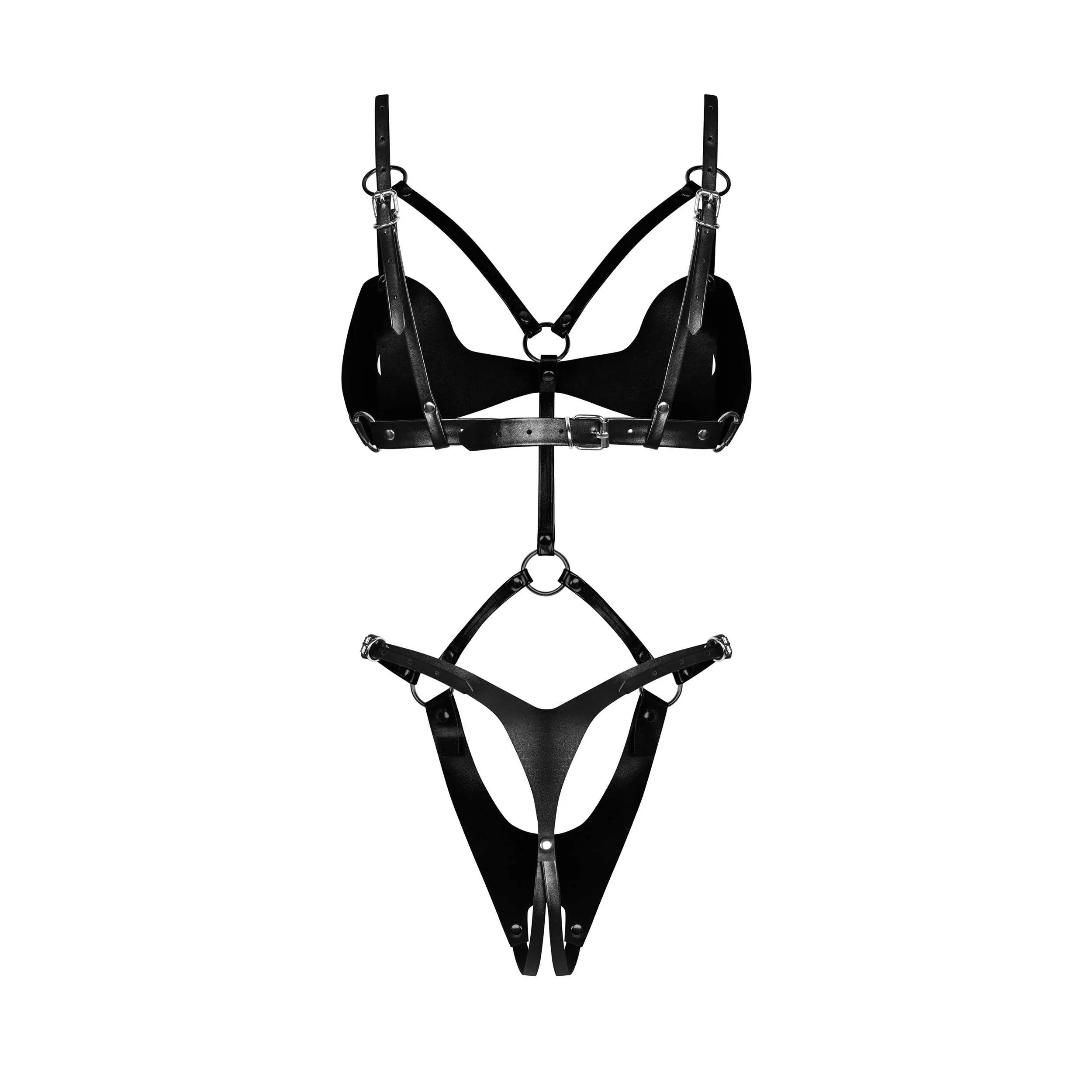 Body ouvert en éco-cuir noir avec sangles réglables et accents métalliques, design audacieux et élégant.