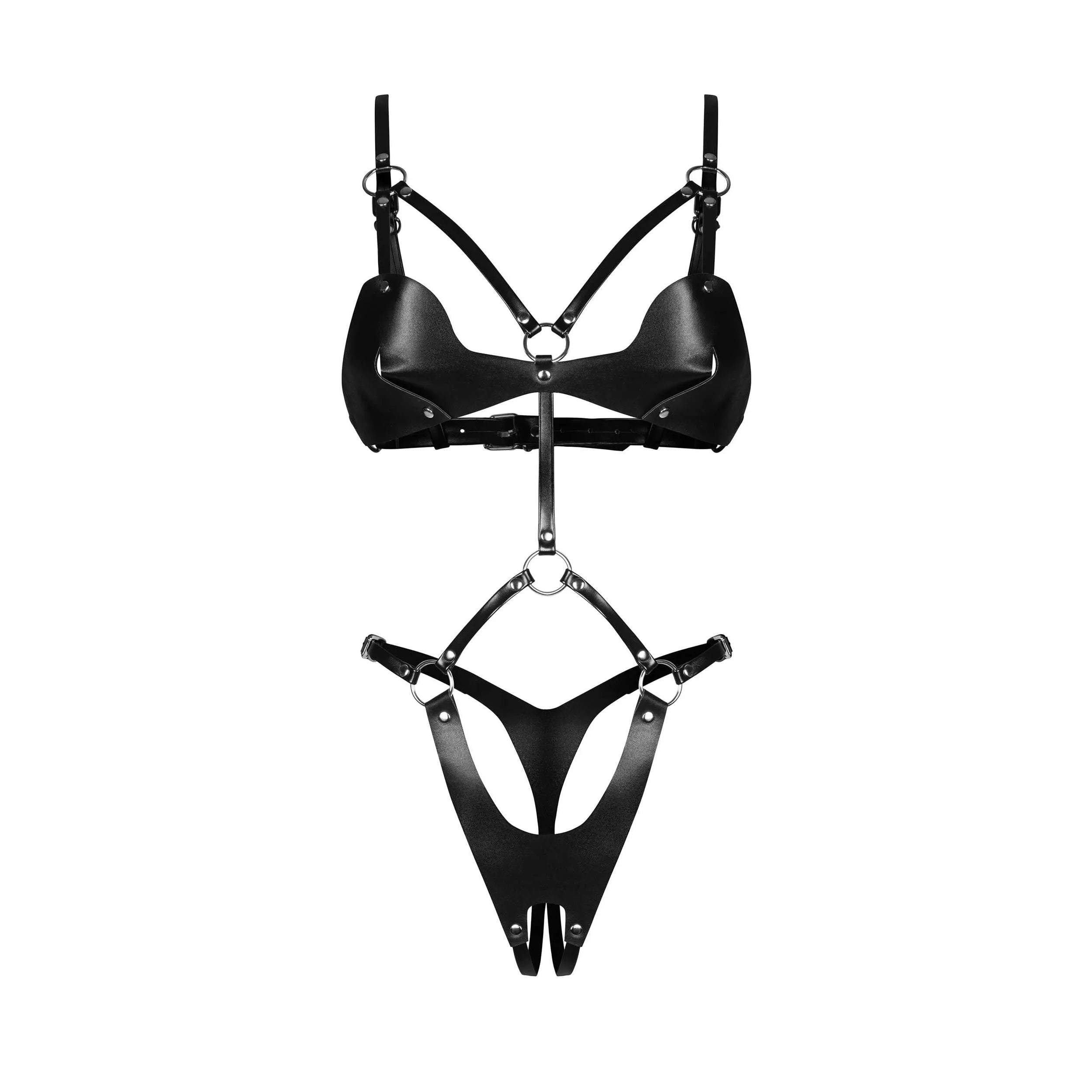 Body ouvert en éco-cuir noir avec sangles réglables et accents métalliques, design audacieux et élégant.