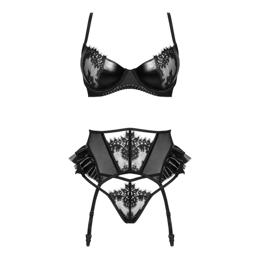 Ensemble lingerie dentelle noire wetlook jarretière volants ajustable élégant