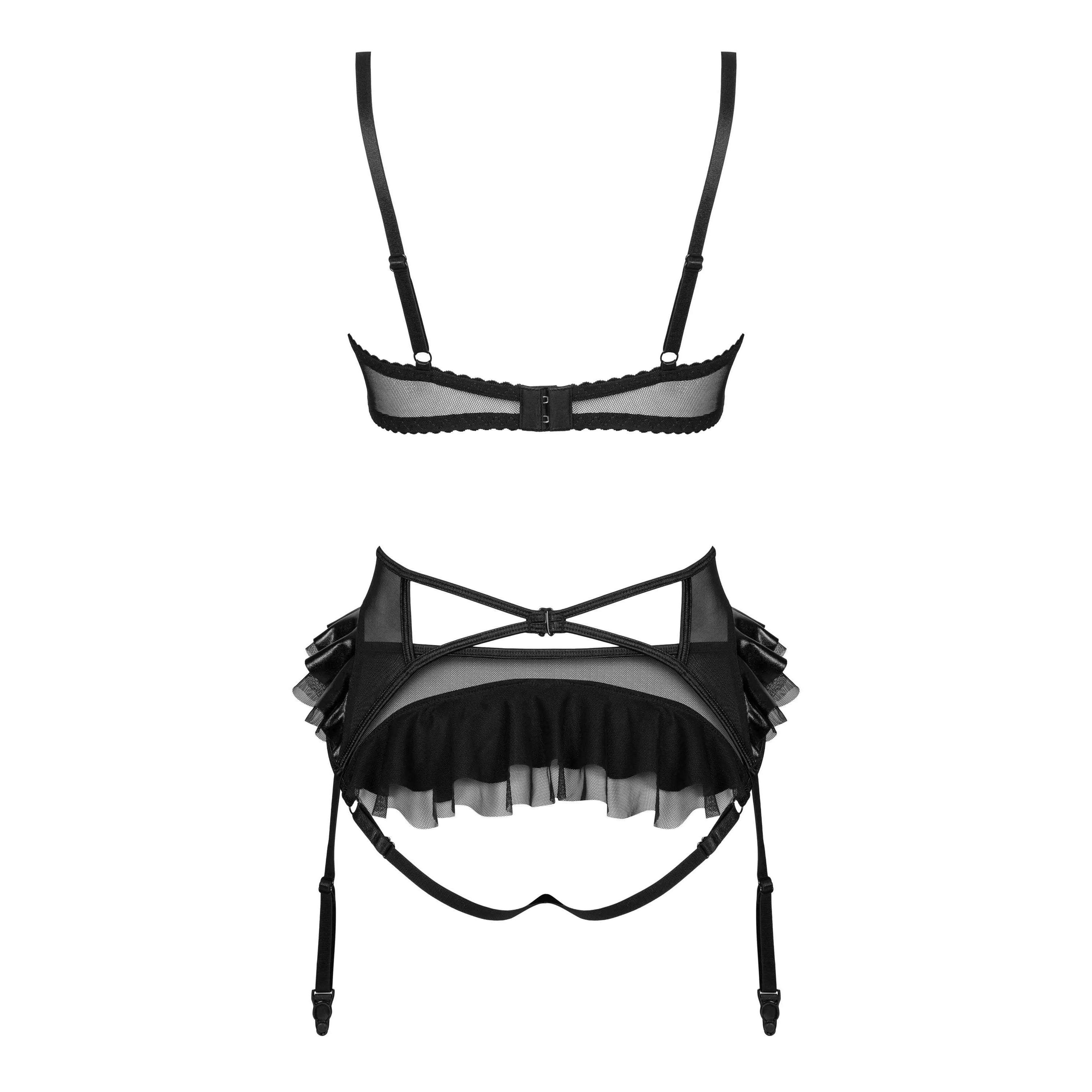 Ensemble lingerie dentelle noire wetlook jarretière volants ajustable élégant