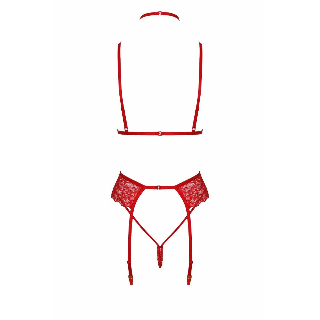 Ensemble lingerie rouge en dentelle avec soutien-gorge, culotte, porte-jarretelles, collier et ruban.