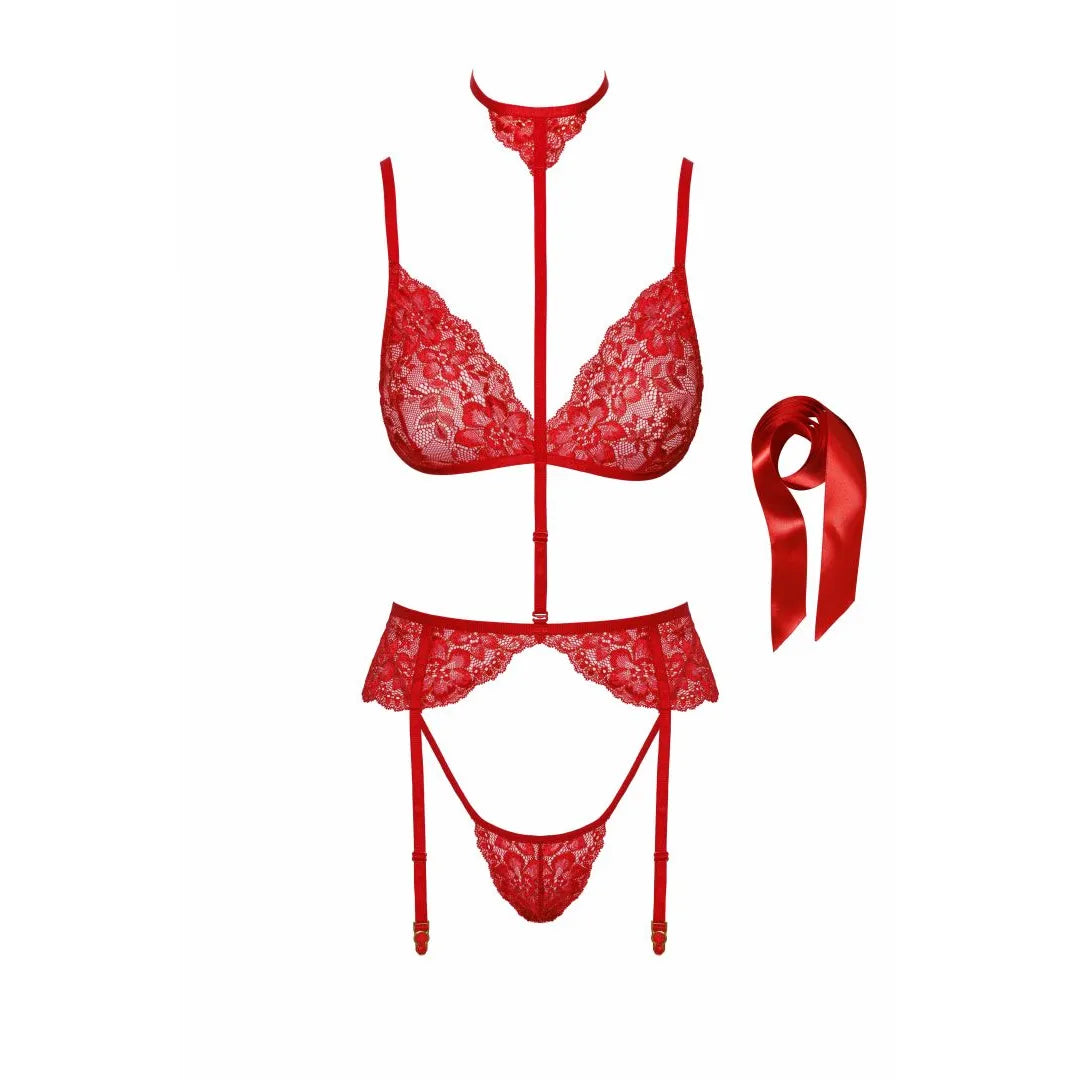 Ensemble lingerie rouge en dentelle 5 pièces avec soutien-gorge, culotte, porte-jarretelles, collier et ruban.