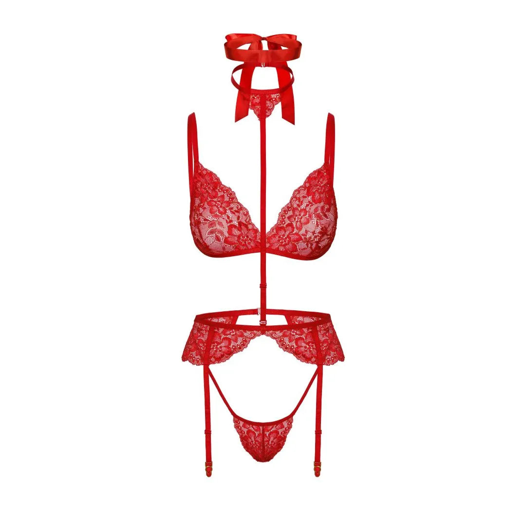 Ensemble lingerie rouge en dentelle avec soutien-gorge, culotte, porte-jarretelles, collier et ruban élégant.