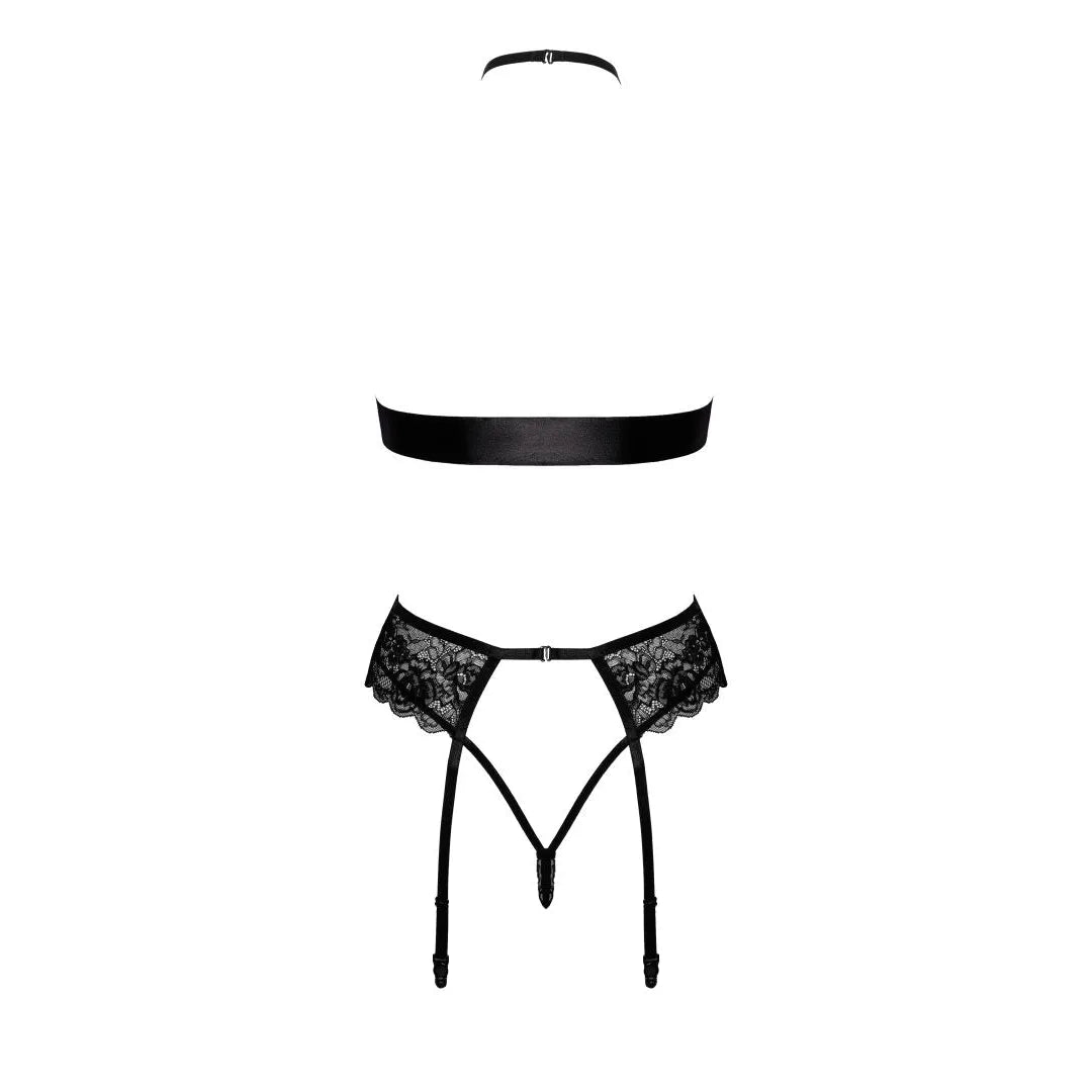 Ensemble lingerie noir 4 pièces avec dentelle, culotte, porte-jarretelles, collier et ruban, élégant et sensuel.
