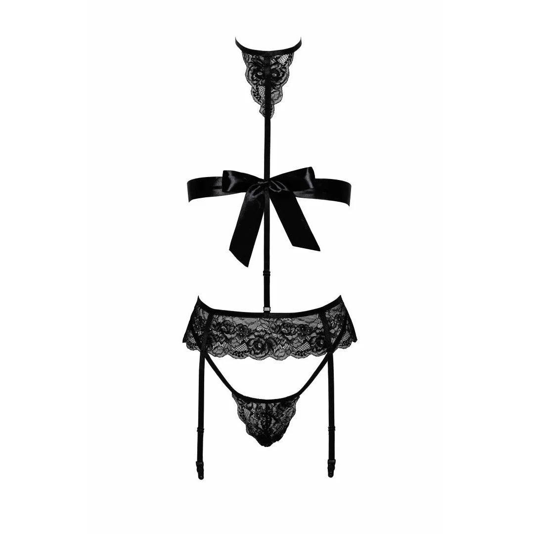 Ensemble lingerie noir 4 pièces avec dentelle, culotte, porte-jarretelles, collier et ruban élégant.