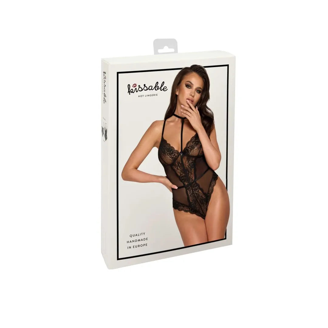 Body dentelle noir élégant avec collier, design séduisant pour femme, First Kiss 248, glamour et sophistiqué.