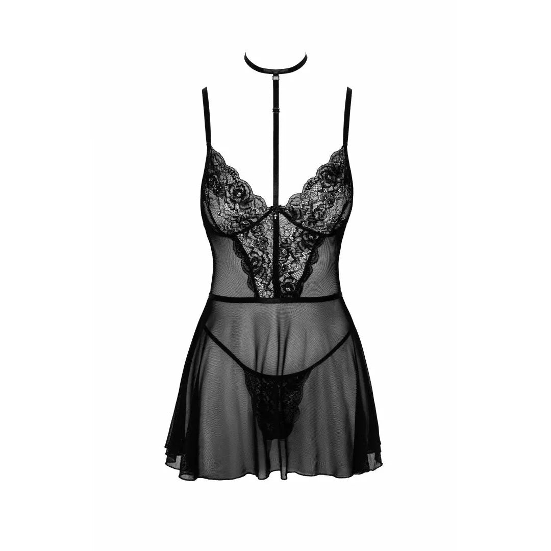 First Kiss 249 babydoll noire dentelle collier culotte élégante lingerie femme