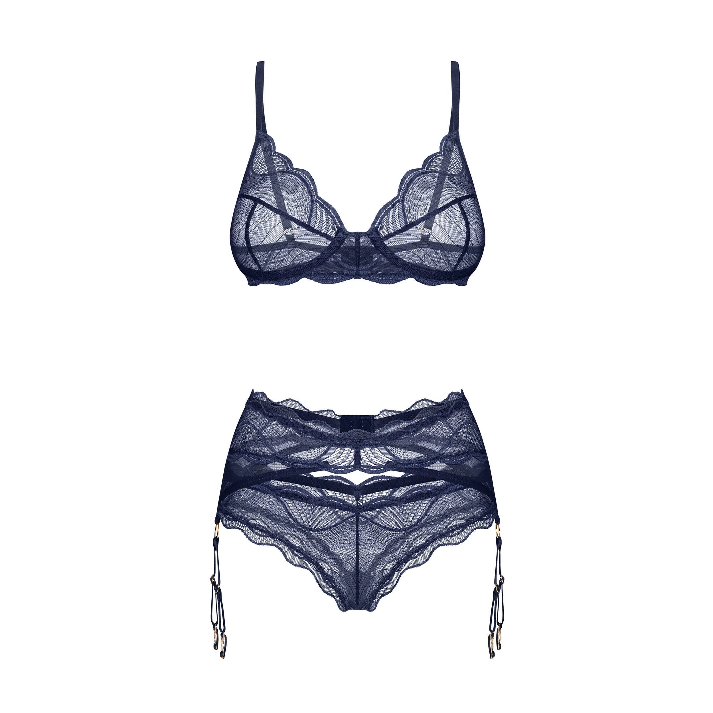 Nightly blue ensemble lingerie 3 pièces dentelle bleu marine peau sensible