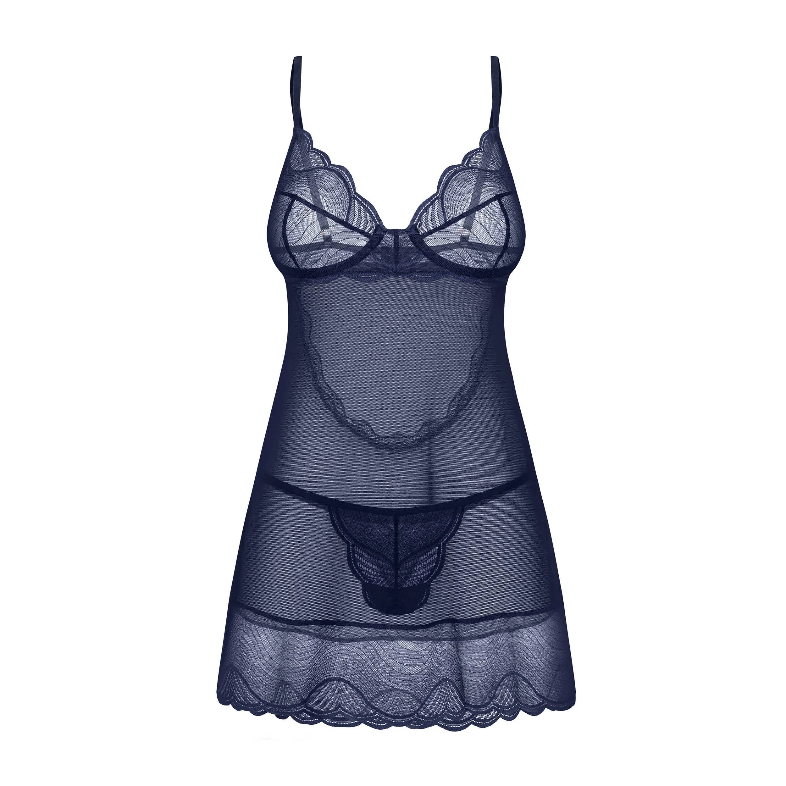 Nuisette string bleu marine dentelle soutien ajustable confort luxe