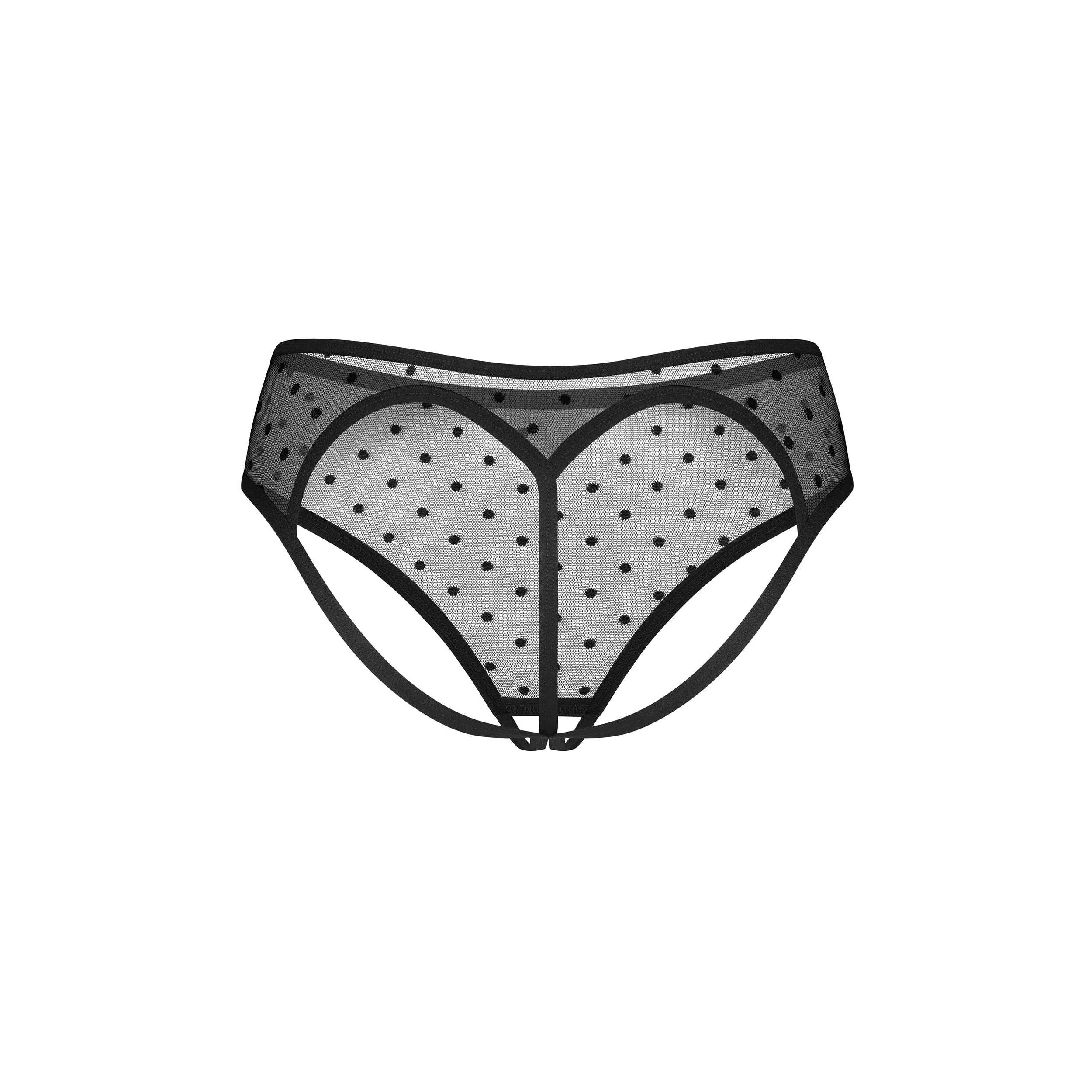 Culotte haute ouverte noire à pois, tissu doux, sangle dorsale séduisante, design moderne et élégant.