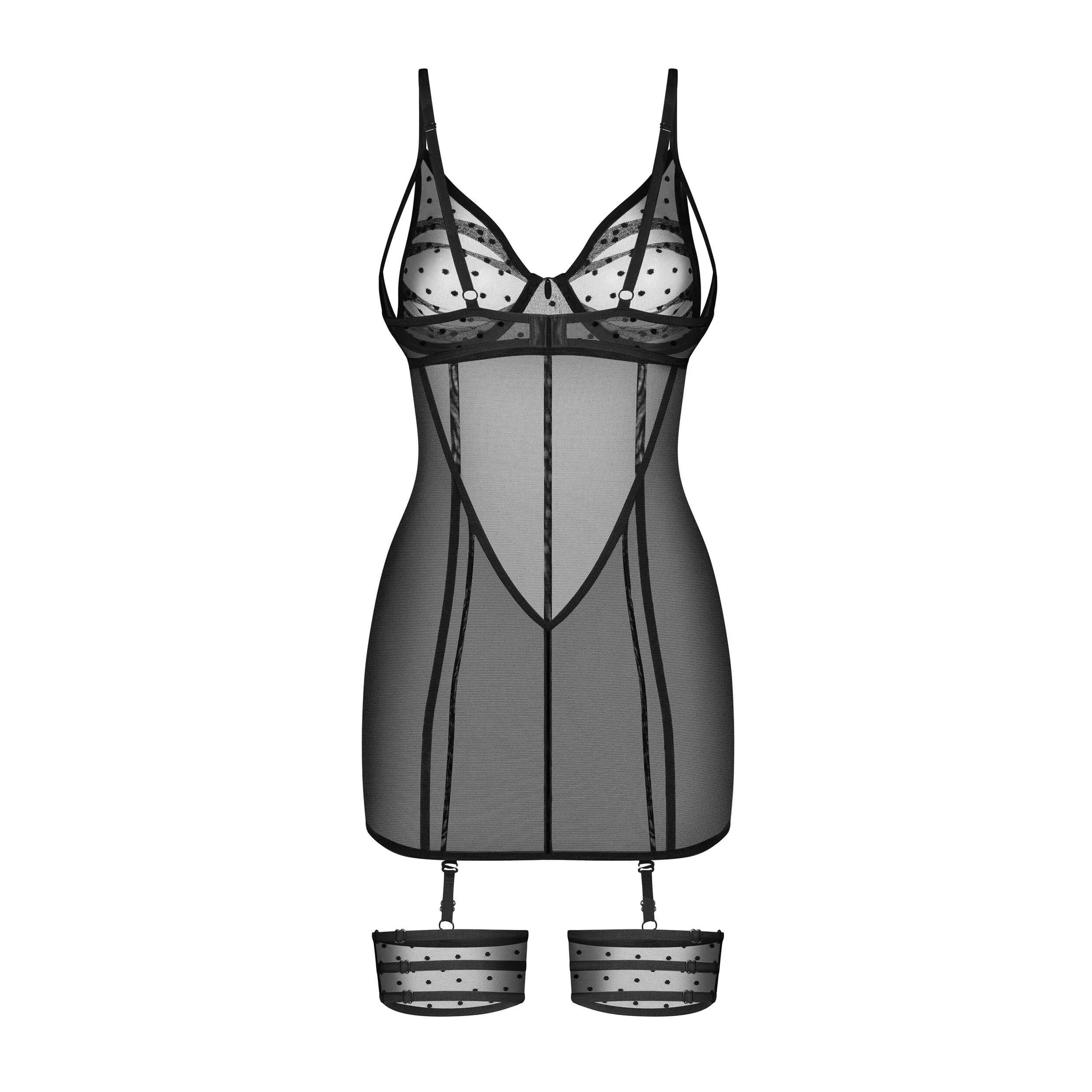 Chemise nuisette noire ajustée luxe avec jarretières et pendentif, tissu transparent élégant, coupe sophistiquée.