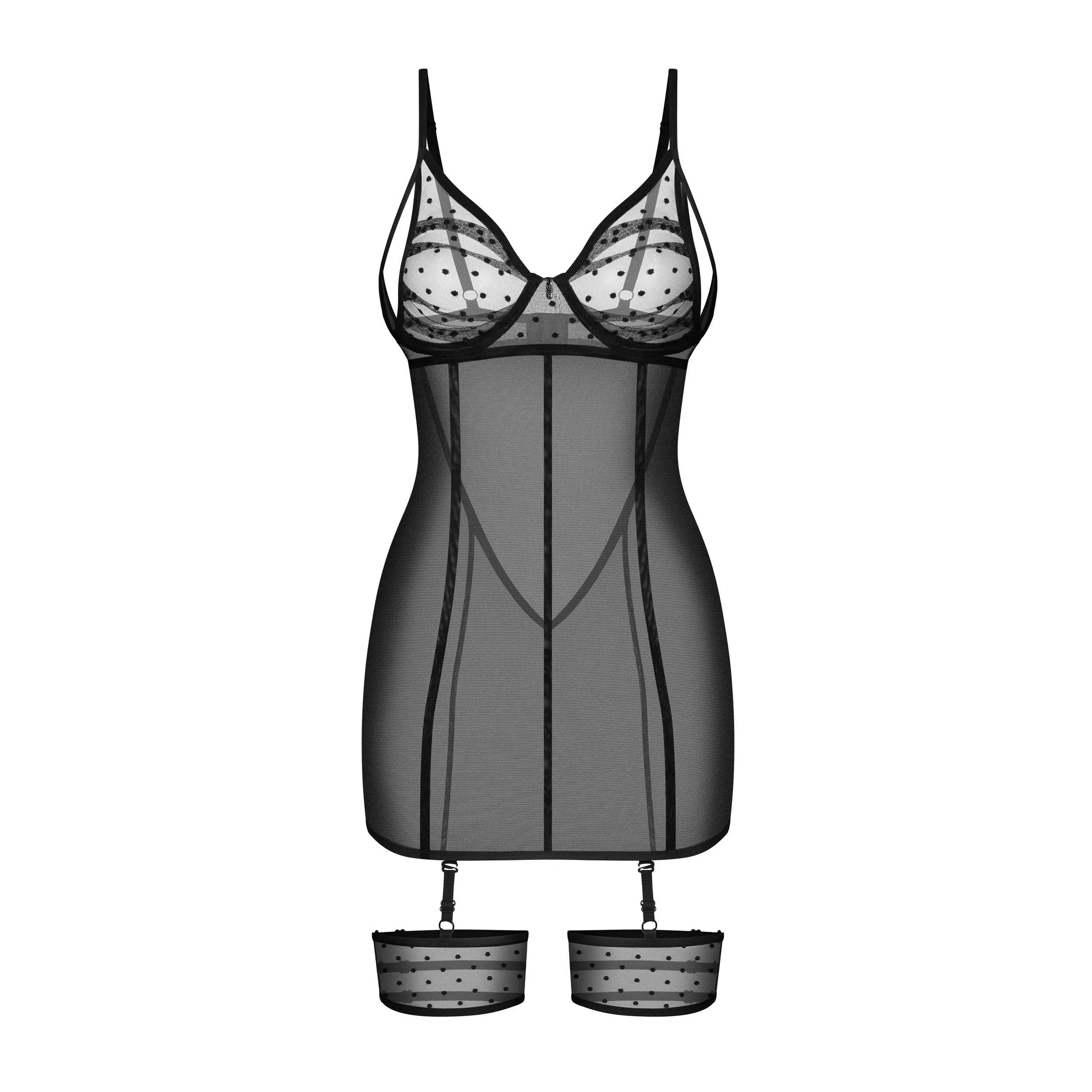 Chemise nuisette noire ajustée luxe avec jarretières et pendentif, tissu transparent élégant et sophistiqué.