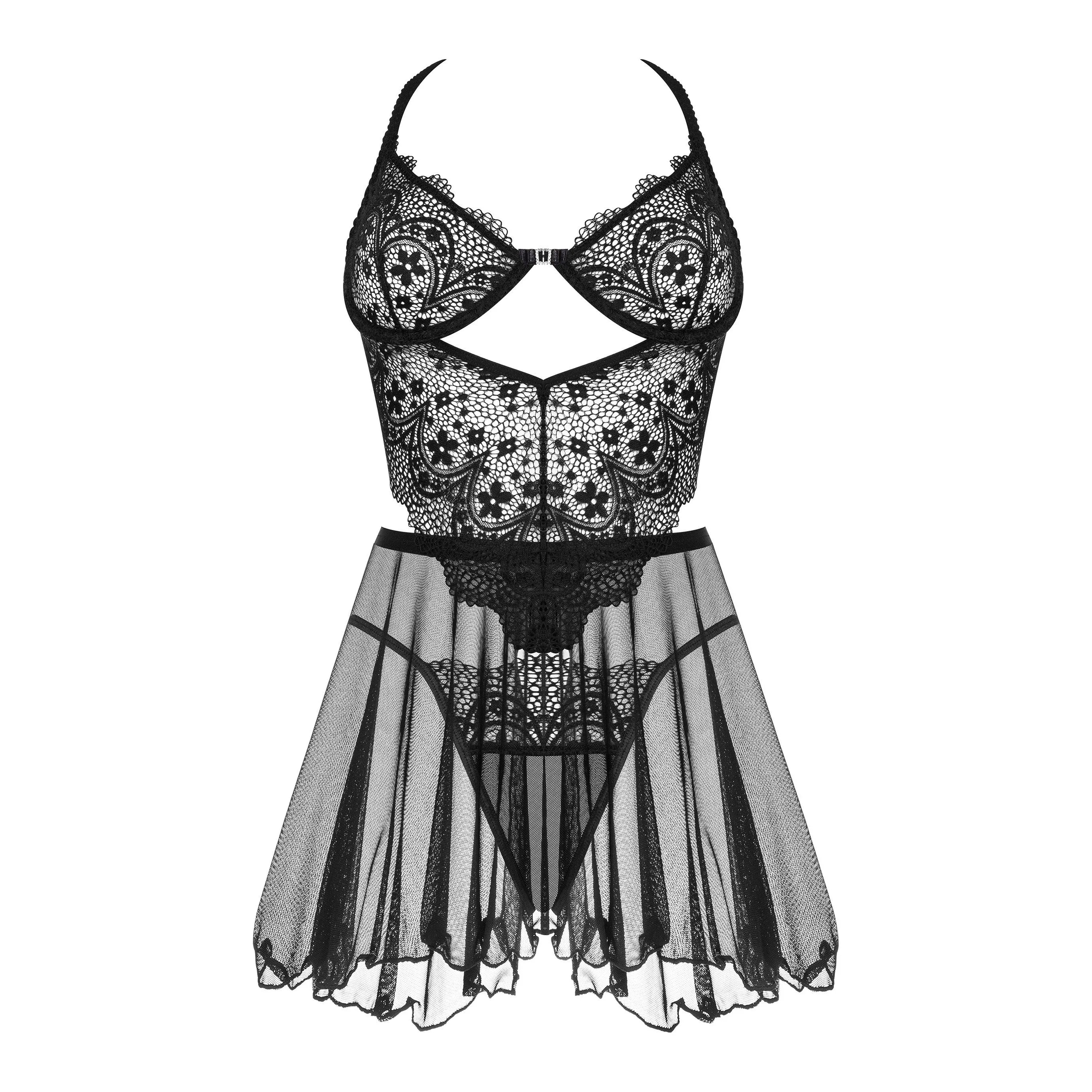 Nuisette dentelle noire sensuelle avec string respirant bretelles réglables cadeaux