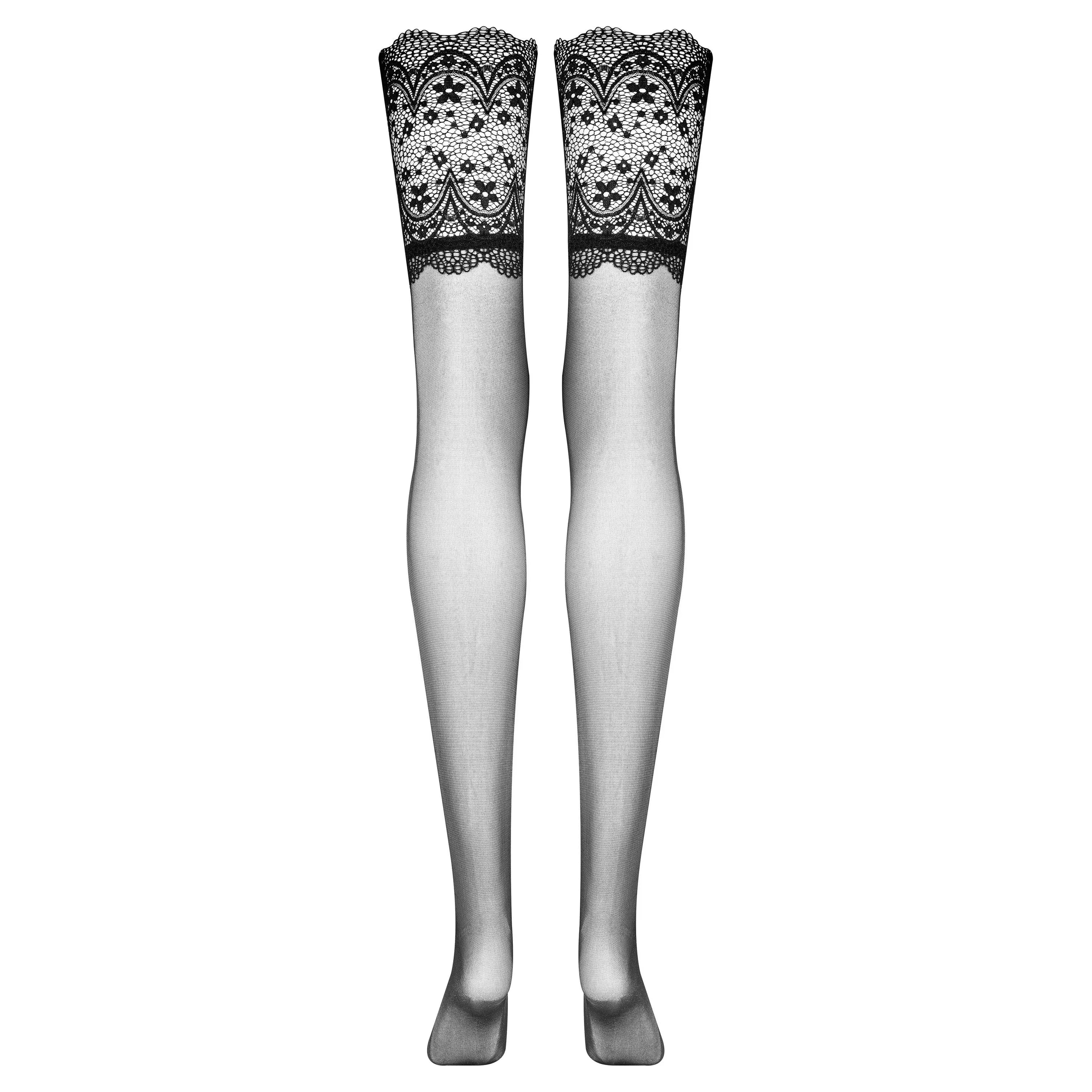 Bas noirs dentelle semi-transparente, porte-jarretelles, élégance féminine, accessoire mode séduction.