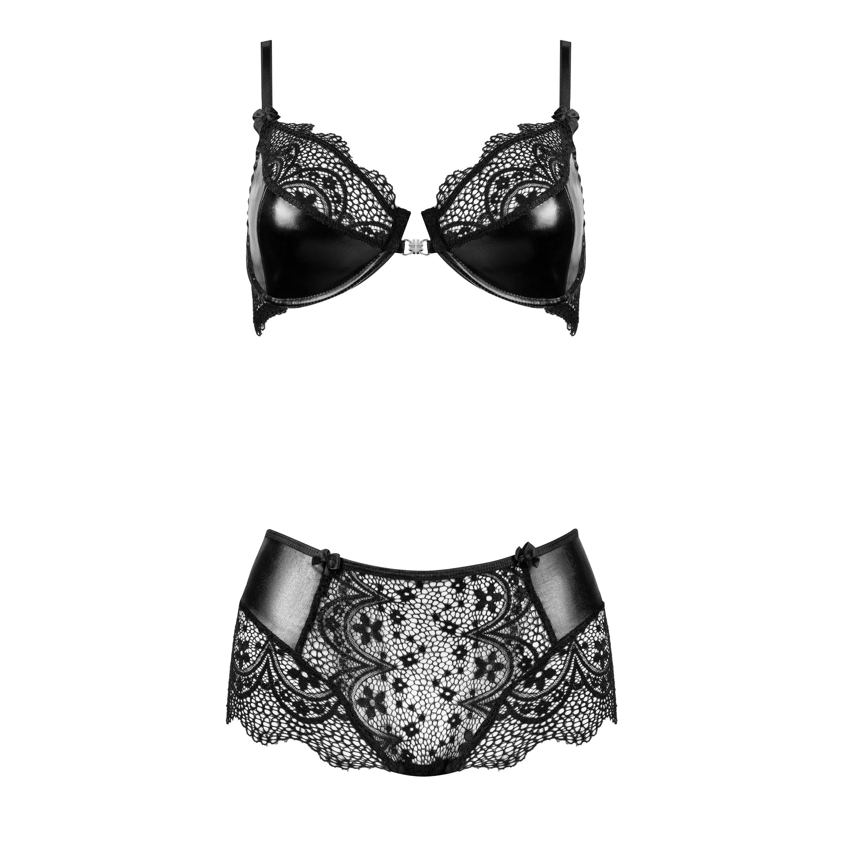 Ensemble lingerie dentelle noire luxe, soutien-gorge et culotte, élégance féminine, cadeau romantique.