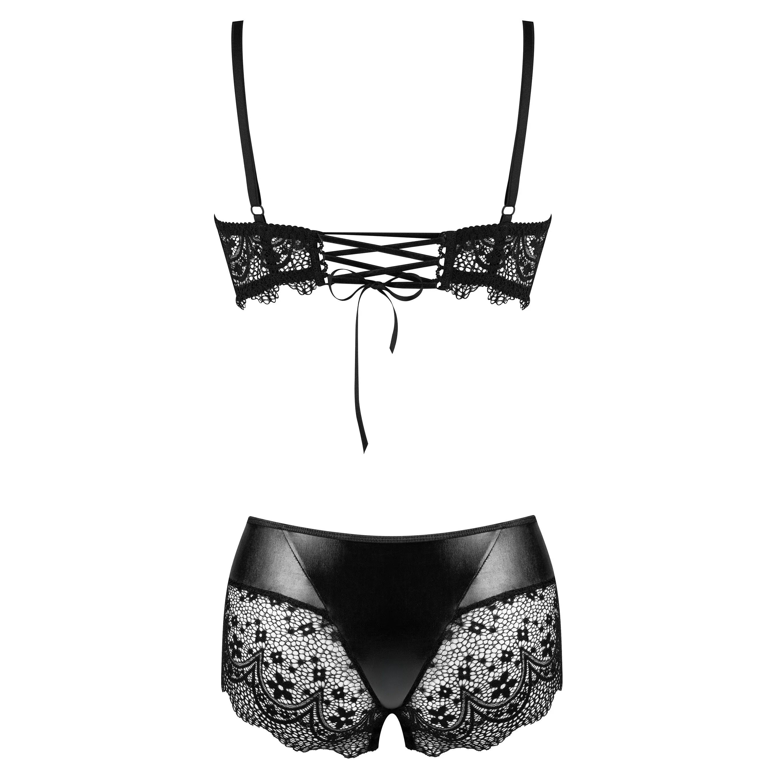 Ensemble lingerie dentelle noire luxe, soutien-gorge à lacets, culotte élégante, féminité et confort, cadeau romantique.