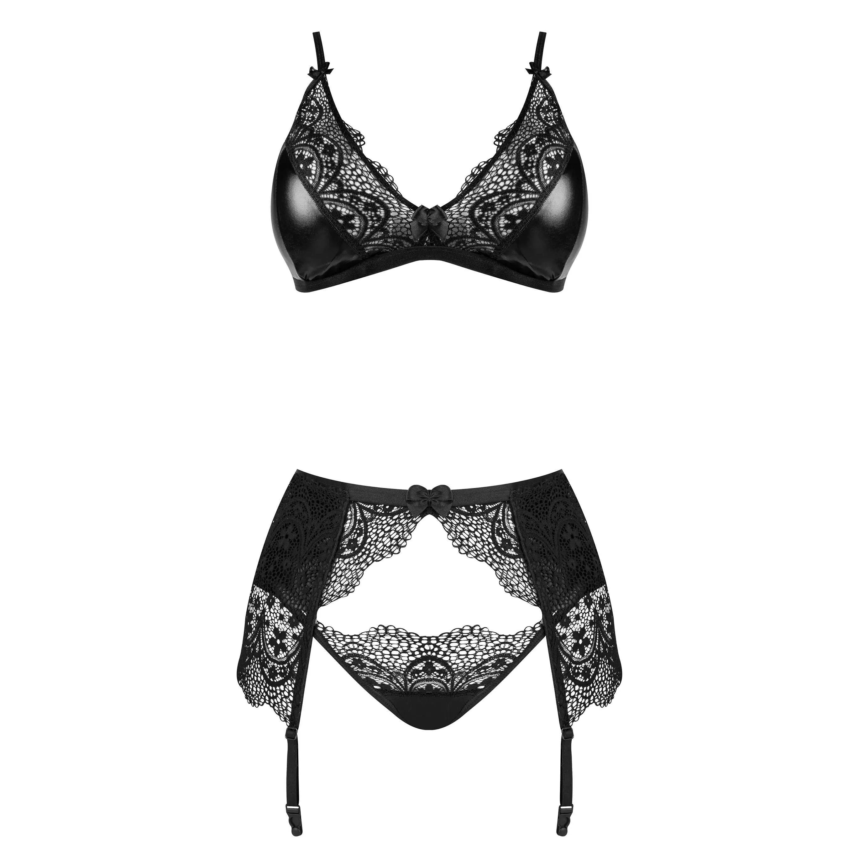ensemble lingerie wetlook dentelle noir ajustable occasions spéciales femmes