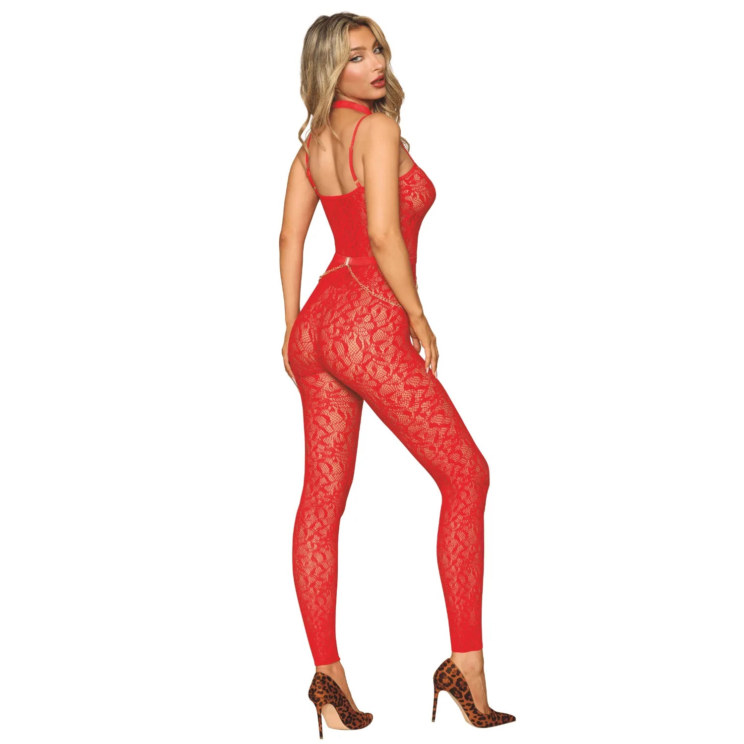 Bodystocking rouge sans couture en nylon spandex, bretelles réglables, chainettes amovibles, élégance et confort.