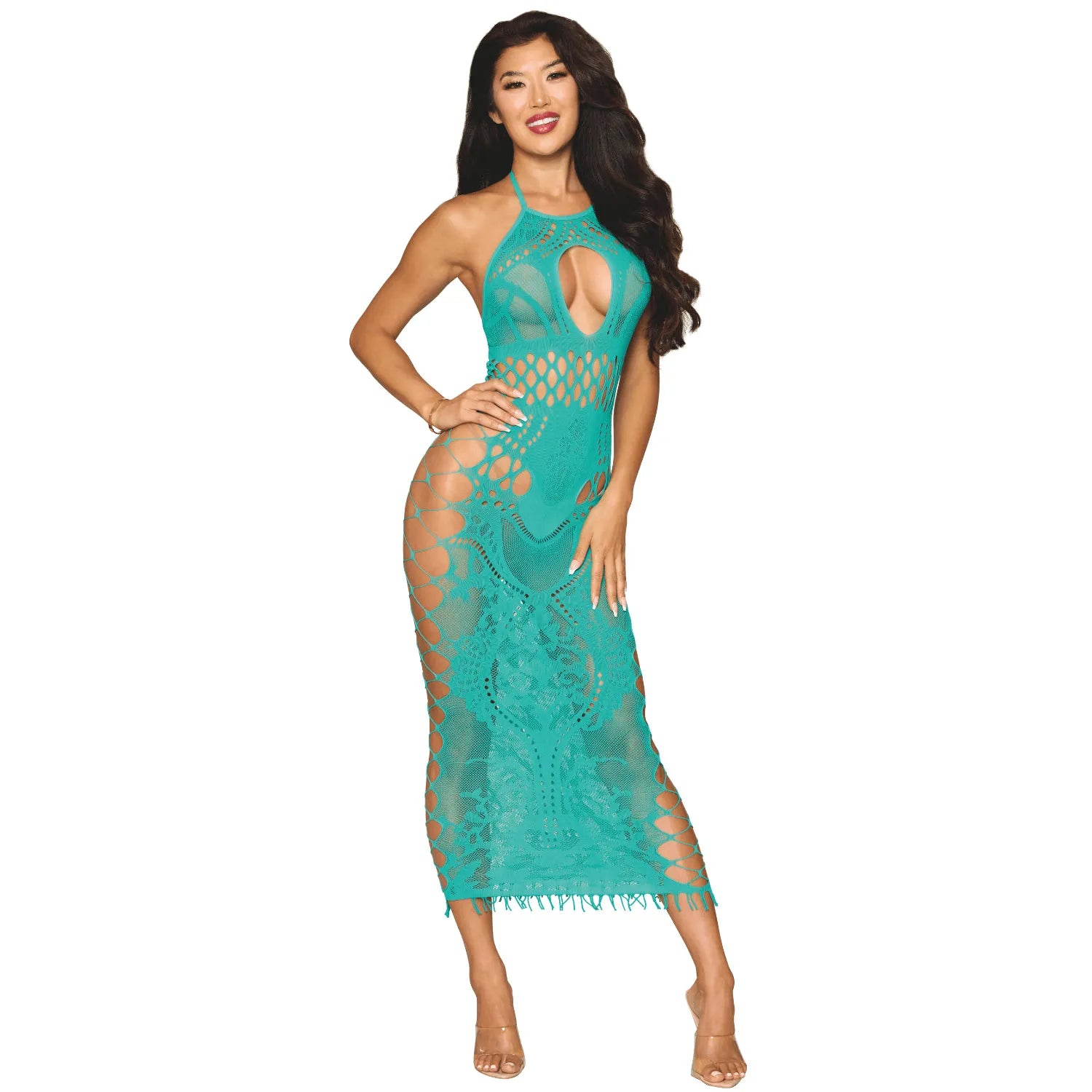 Robe longue résille turquoise attache cou nylon spandex fantaisie