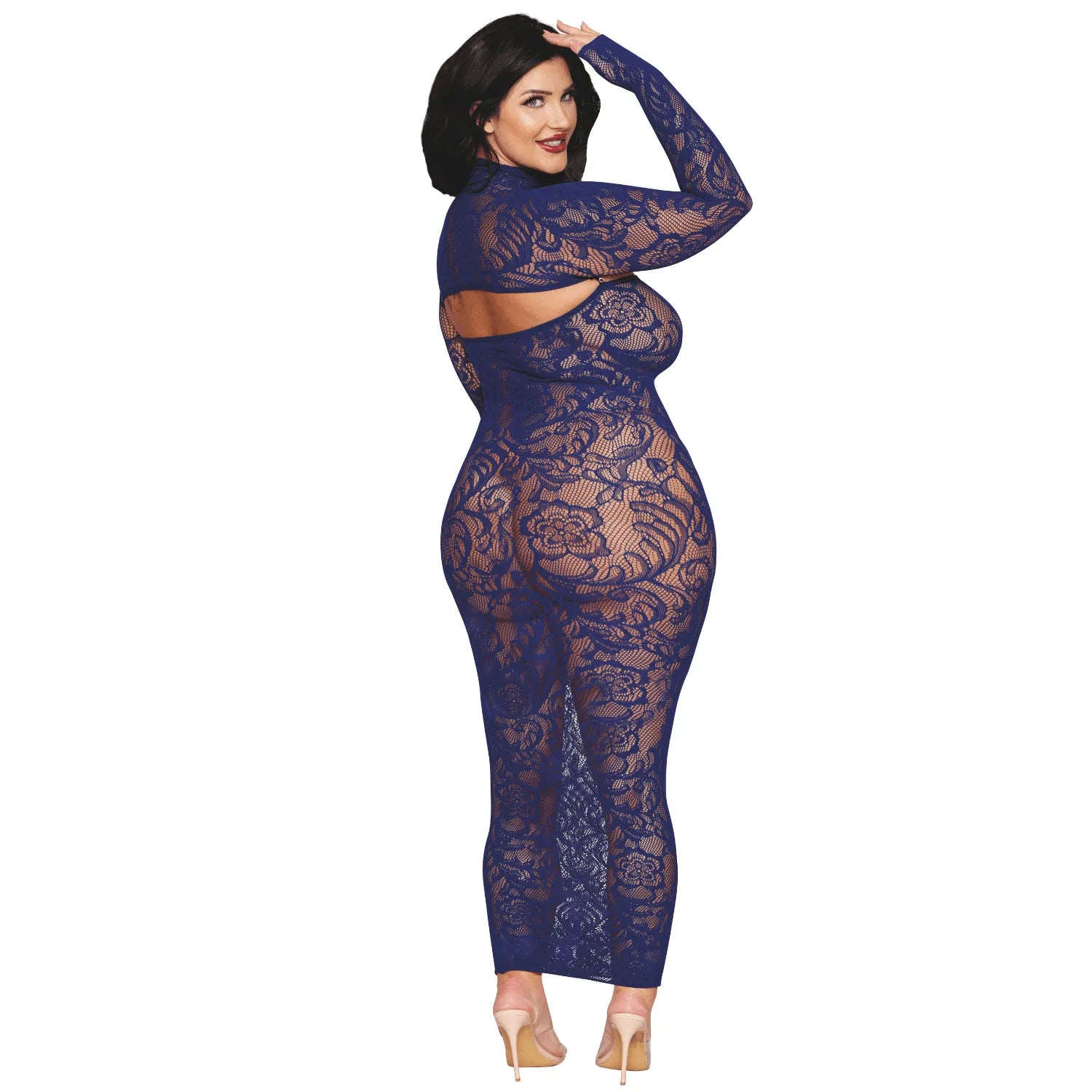 Ensemble 2 pièces grande taille robe bleu marine top manches longues nylon spandex