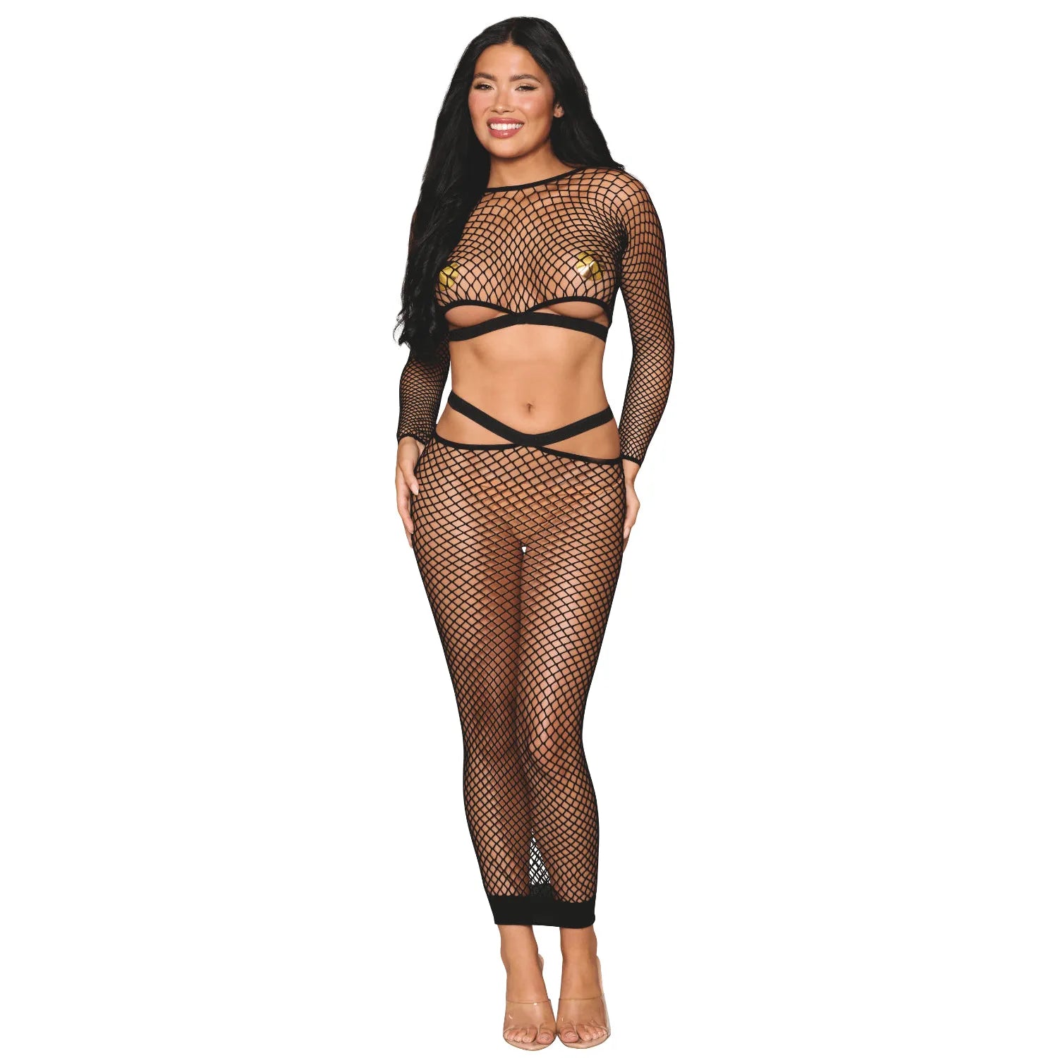 ensemble résille large maille noir top manches longues jupe longue