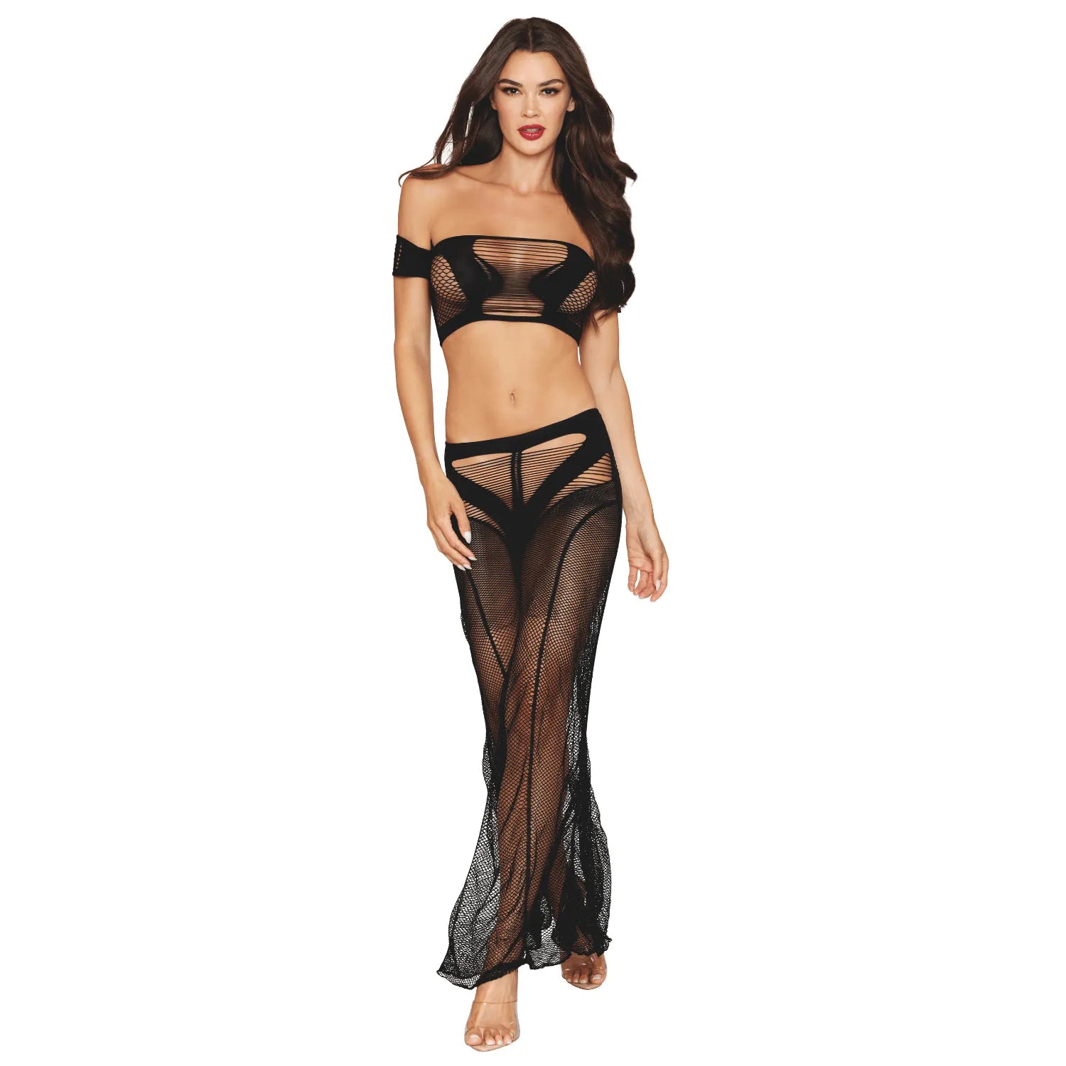 ensemble 2 pièces résille maille top jupe longue noir nylon spandex