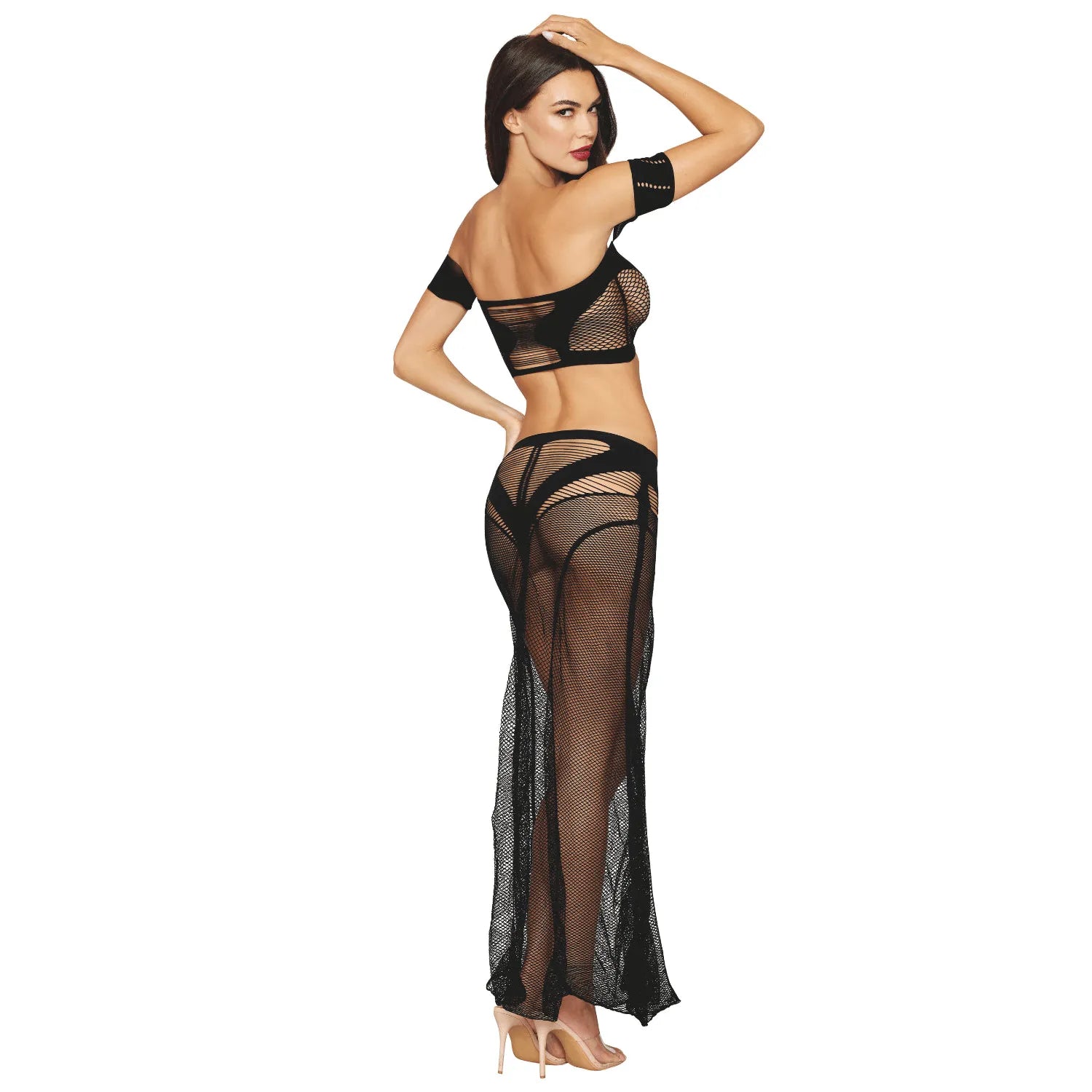 ensemble 2 pièces résille maille top jupe longue noir nylon spandex