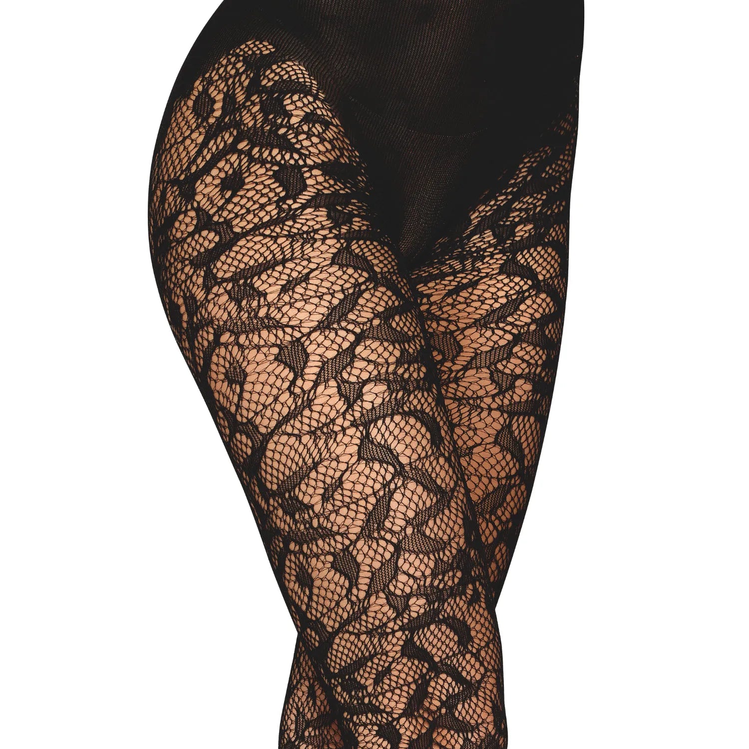 Collant fantaisie noir imprimé, culotte haute, motif dentelle, nylon spandex, style élégant et confortable.