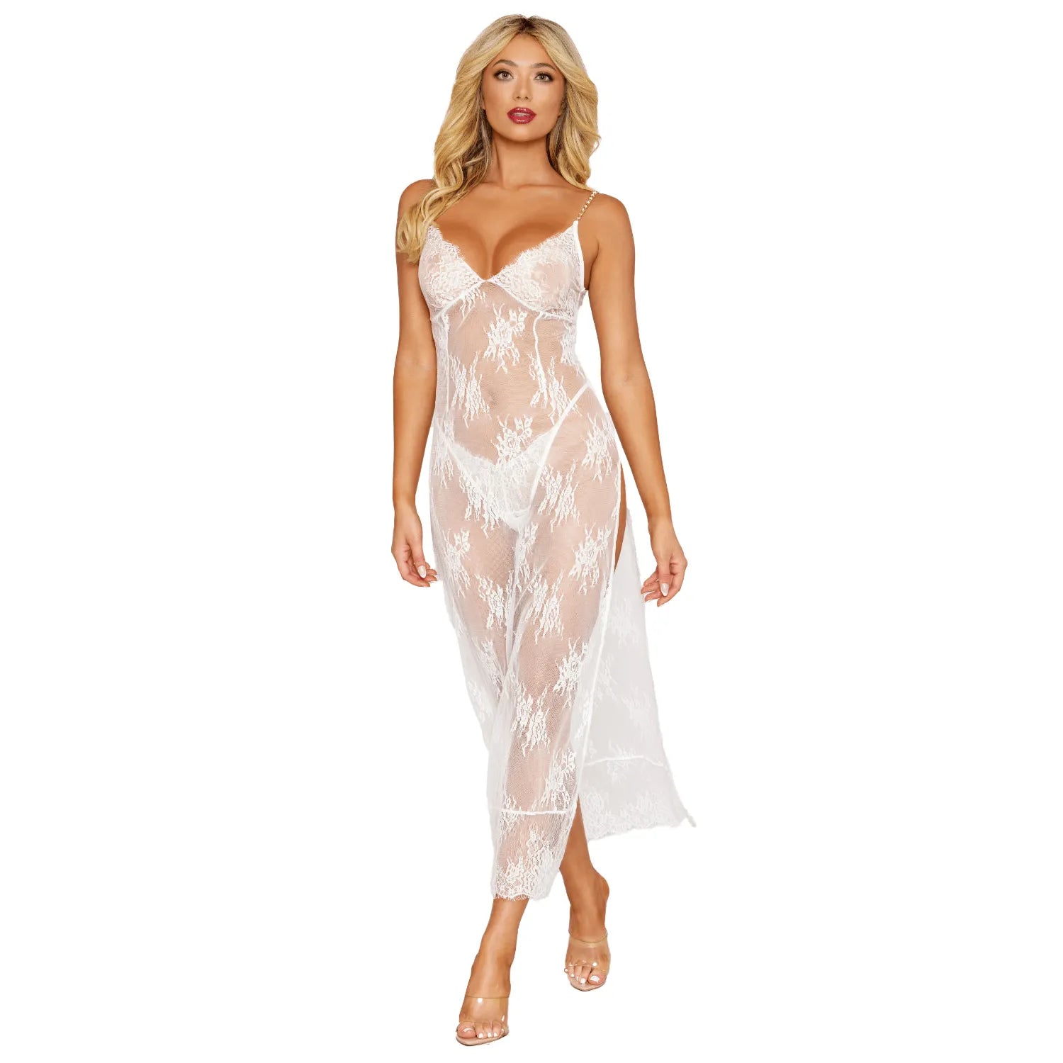 Nuisette longue blanche dentelle florale bretelles dorées perles string nylon