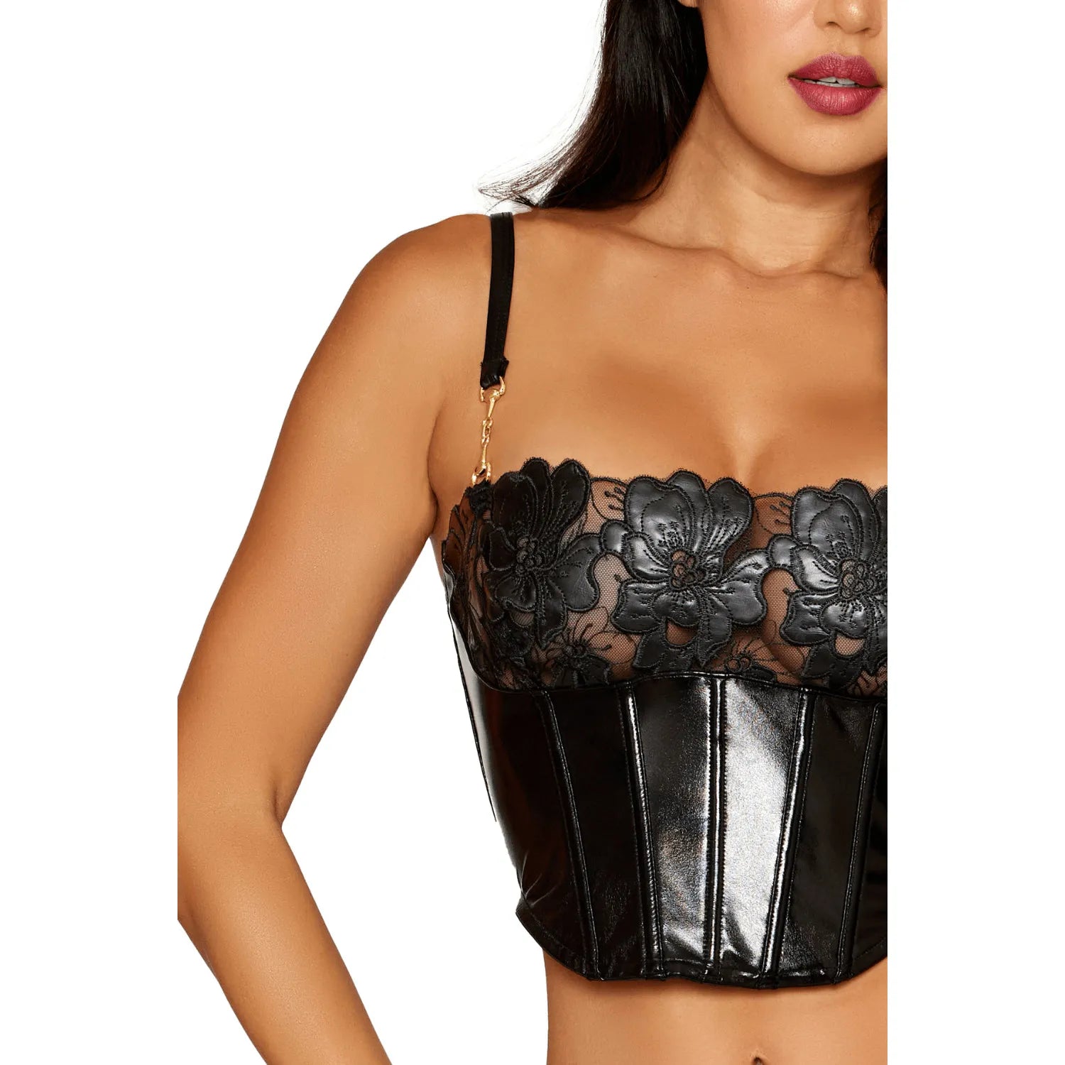 Bustier noir simili cuir avec dentelle florale et armatures, string assorti, lingerie sexy et élégante pour femme.