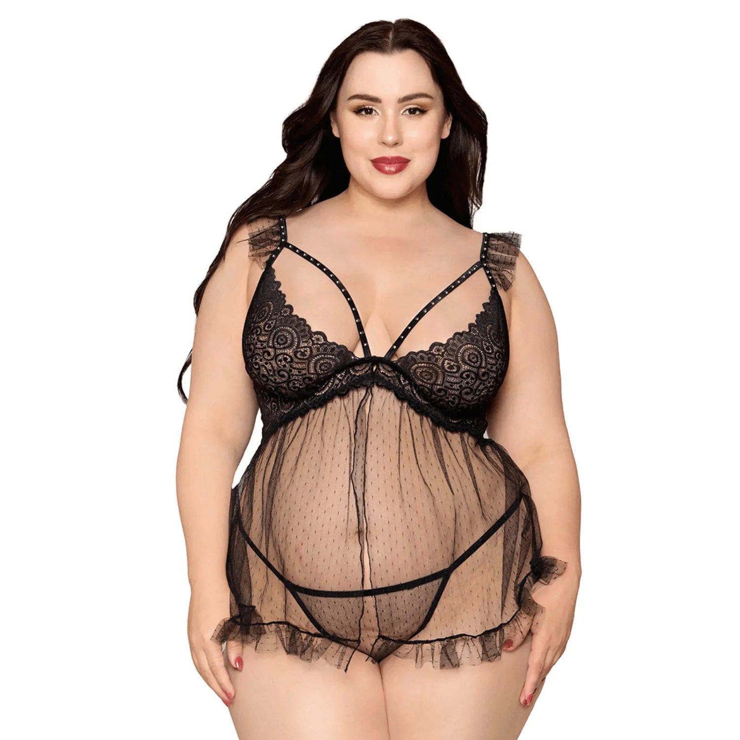 Babydoll grande taille noir strass bretelles réglables string nylon spandex