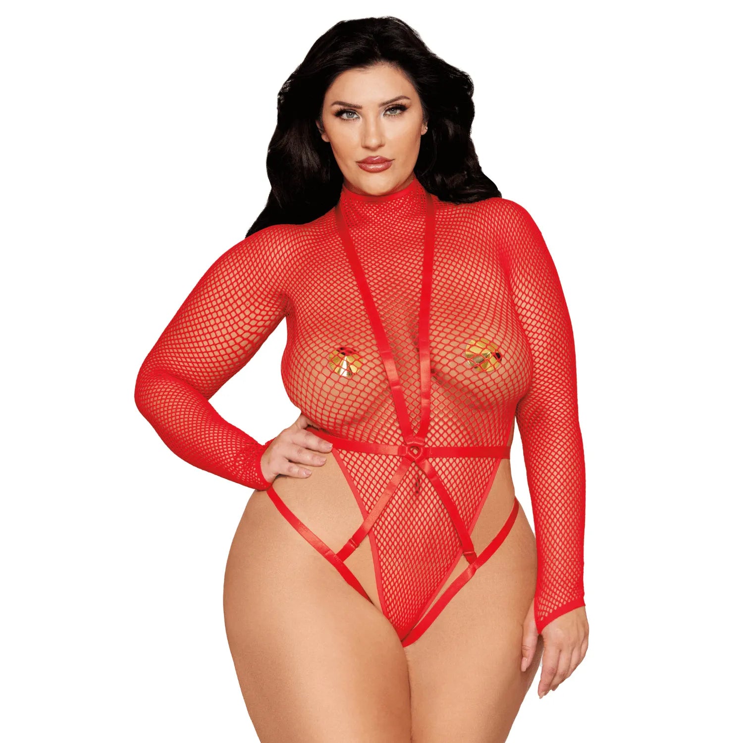 Bodystring résille rouge grande taille manches longues harnais nylon spandex