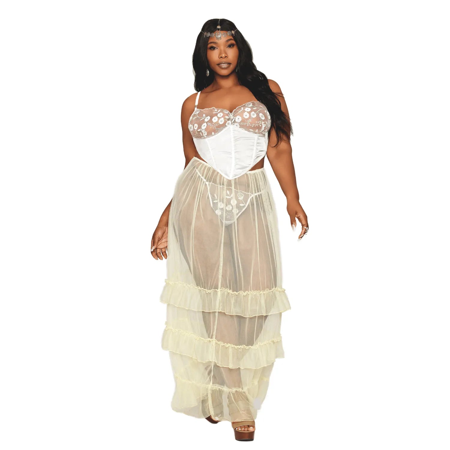 Bustier blanc satin dentelle florale, grande taille, baleines, armatures, bretelles ajustables, élégance et confort.