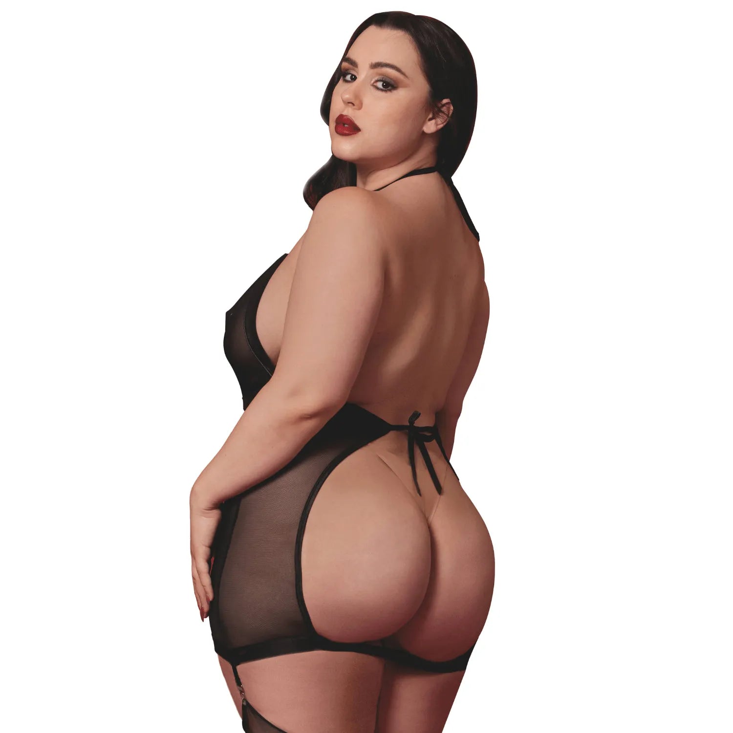 Nuisette grande taille noire transparente porte jarretelles fouet amovible