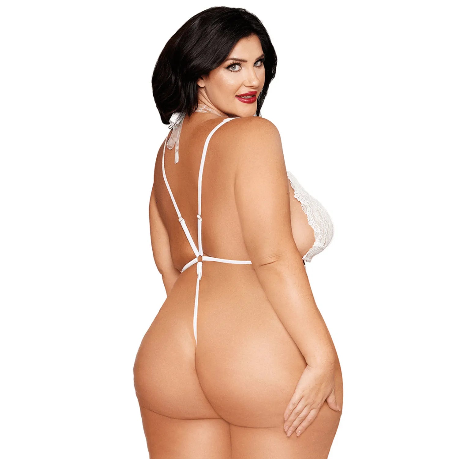Ensemble 2 pièces grande taille bodystring dentelle blanc chainette perles cœur