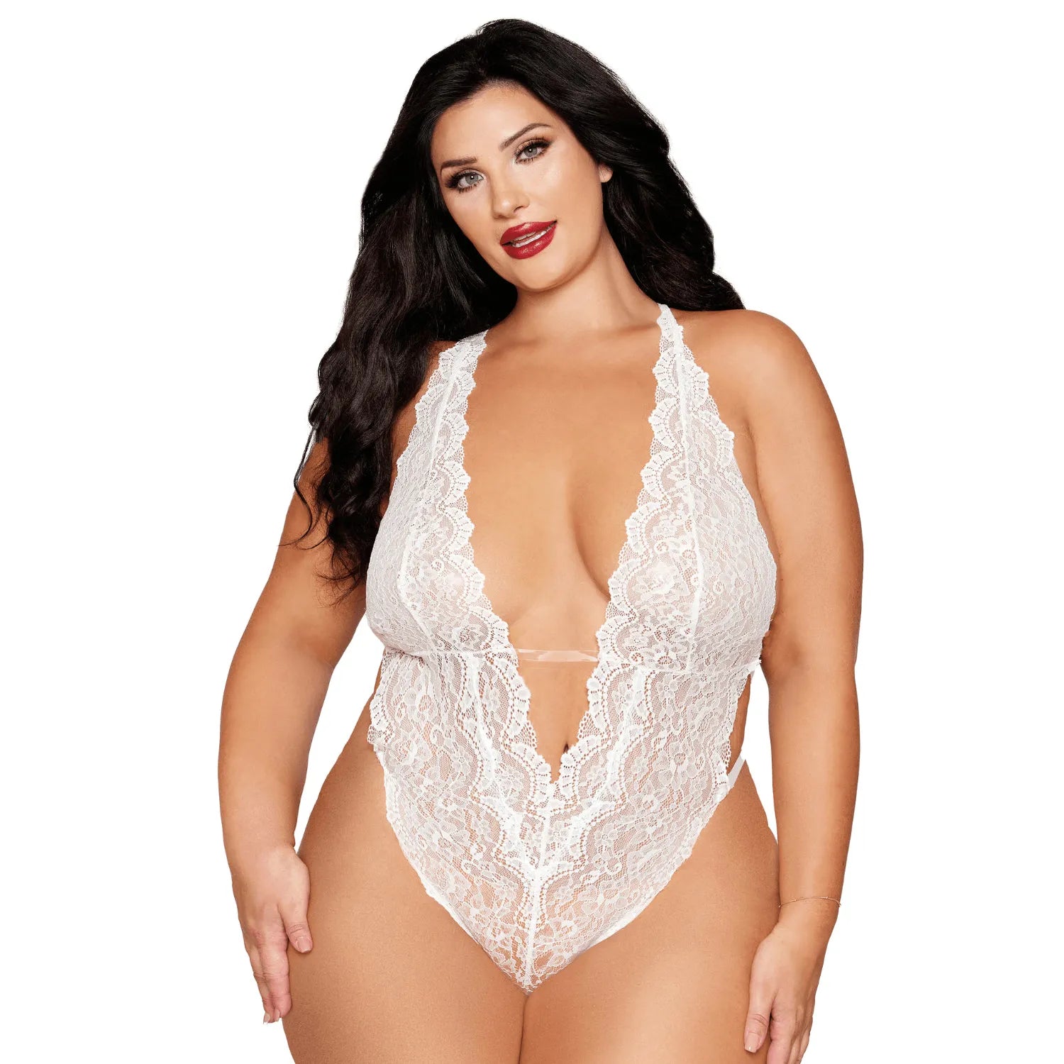 Ensemble 2 pièces grande taille bodystring dentelle blanc chainette perles cœur