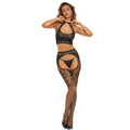 ensemble 2 pièces résille fantaisie noir top collant effet porte jarretelles