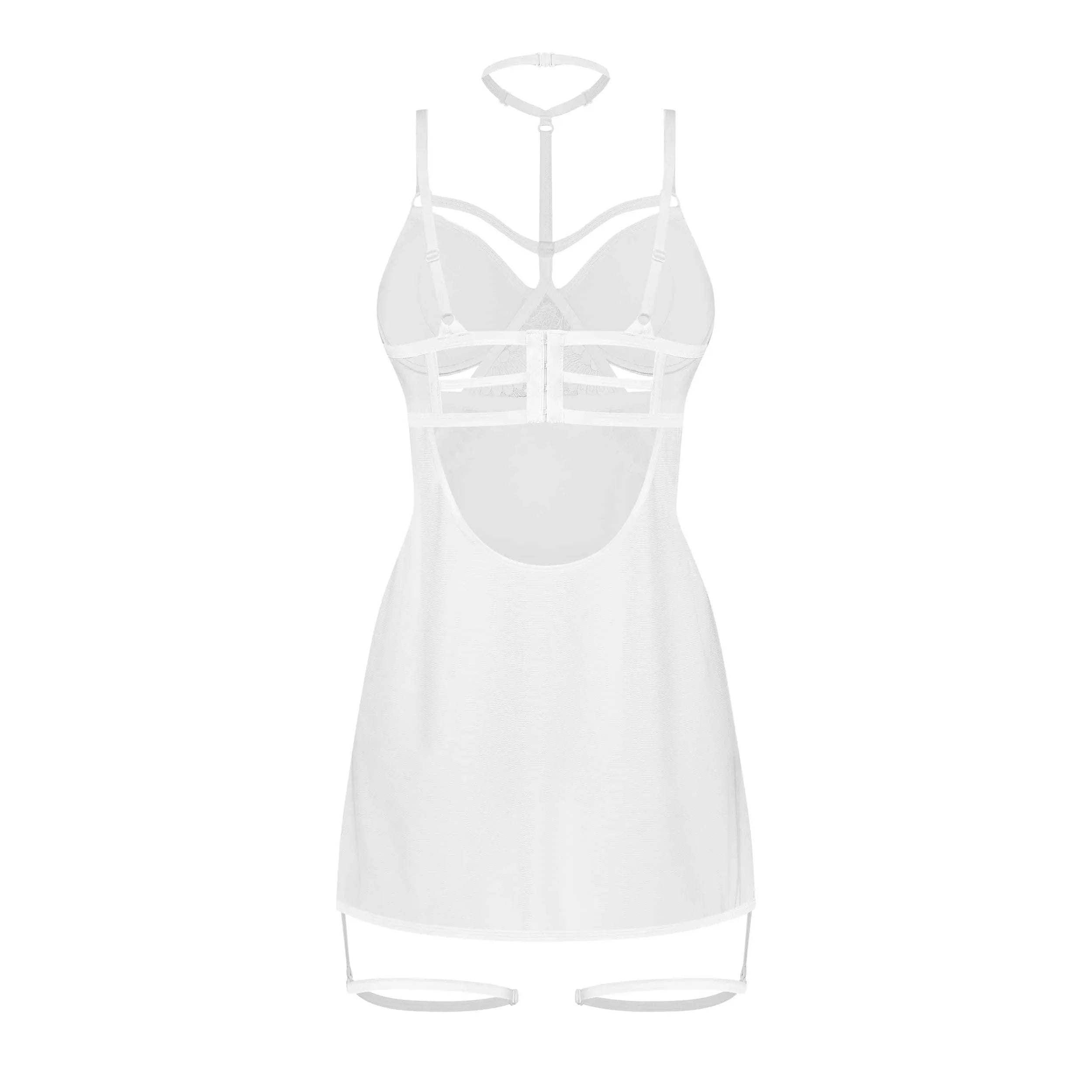Nuisette blanche transparente Arrowel avec dentelle, lanières décoratives, choker, jarretières et bretelles réglables.