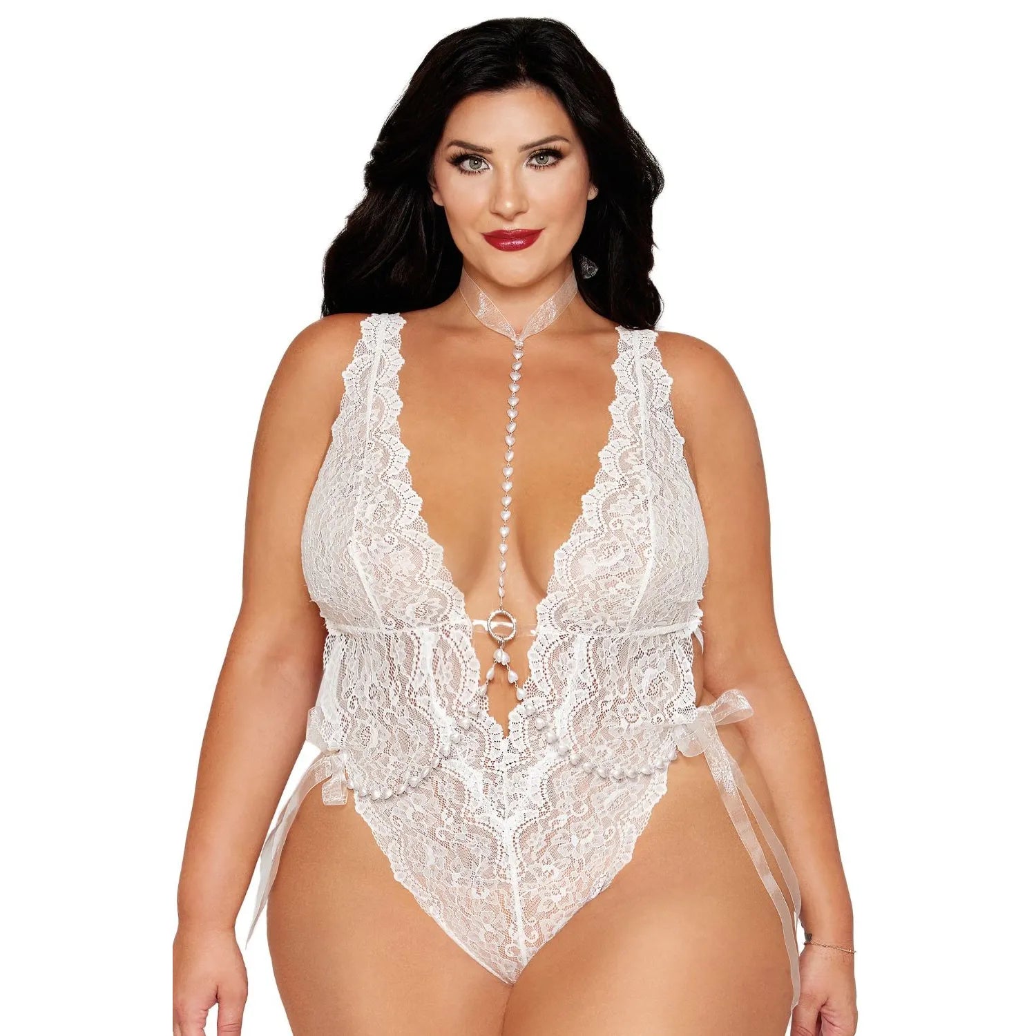 Ensemble 2 pièces grande taille bodystring dentelle blanc chainette perles cœur