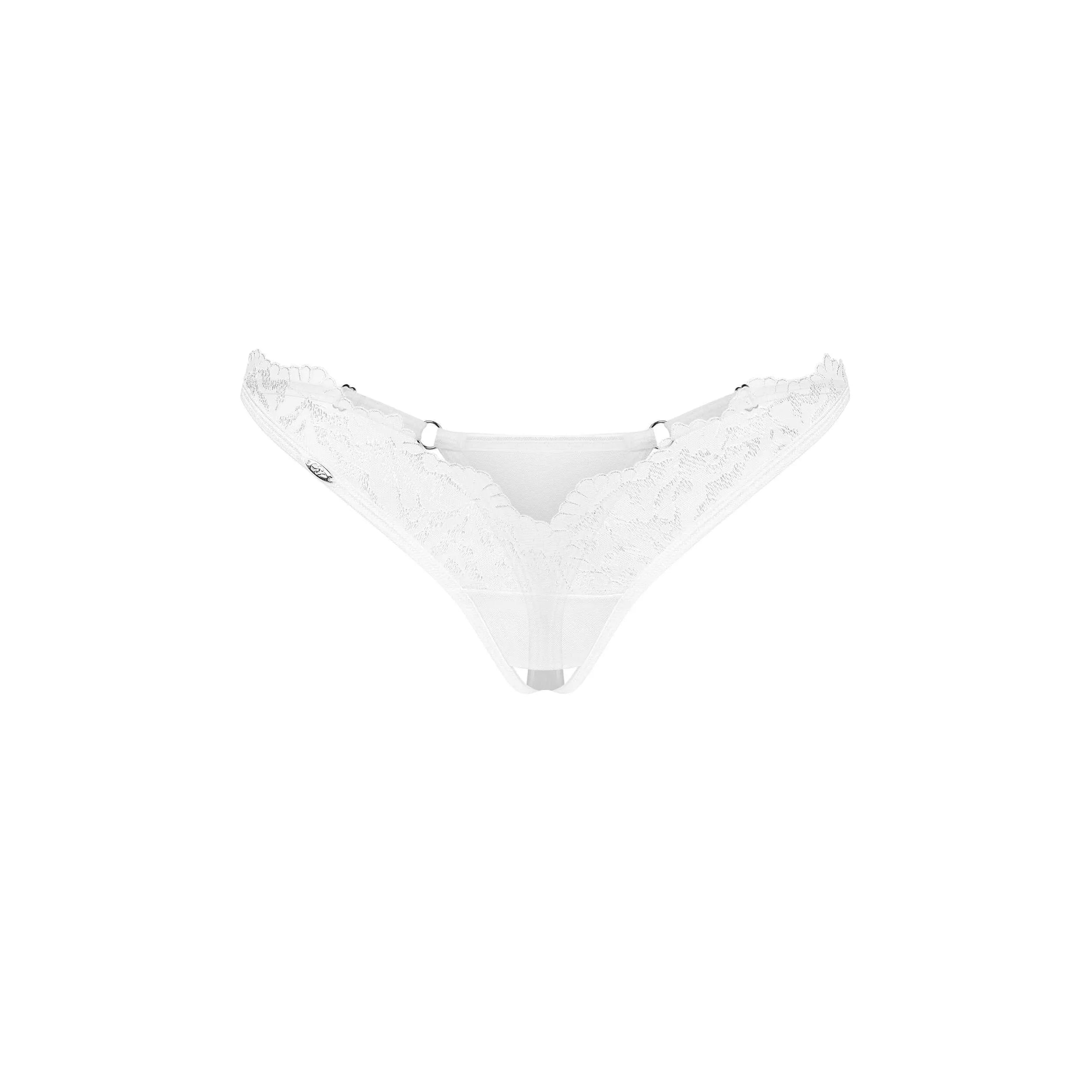 String ouvert blanc en dentelle transparente avec détails argentés, bretelles réglables et garniture élastique.