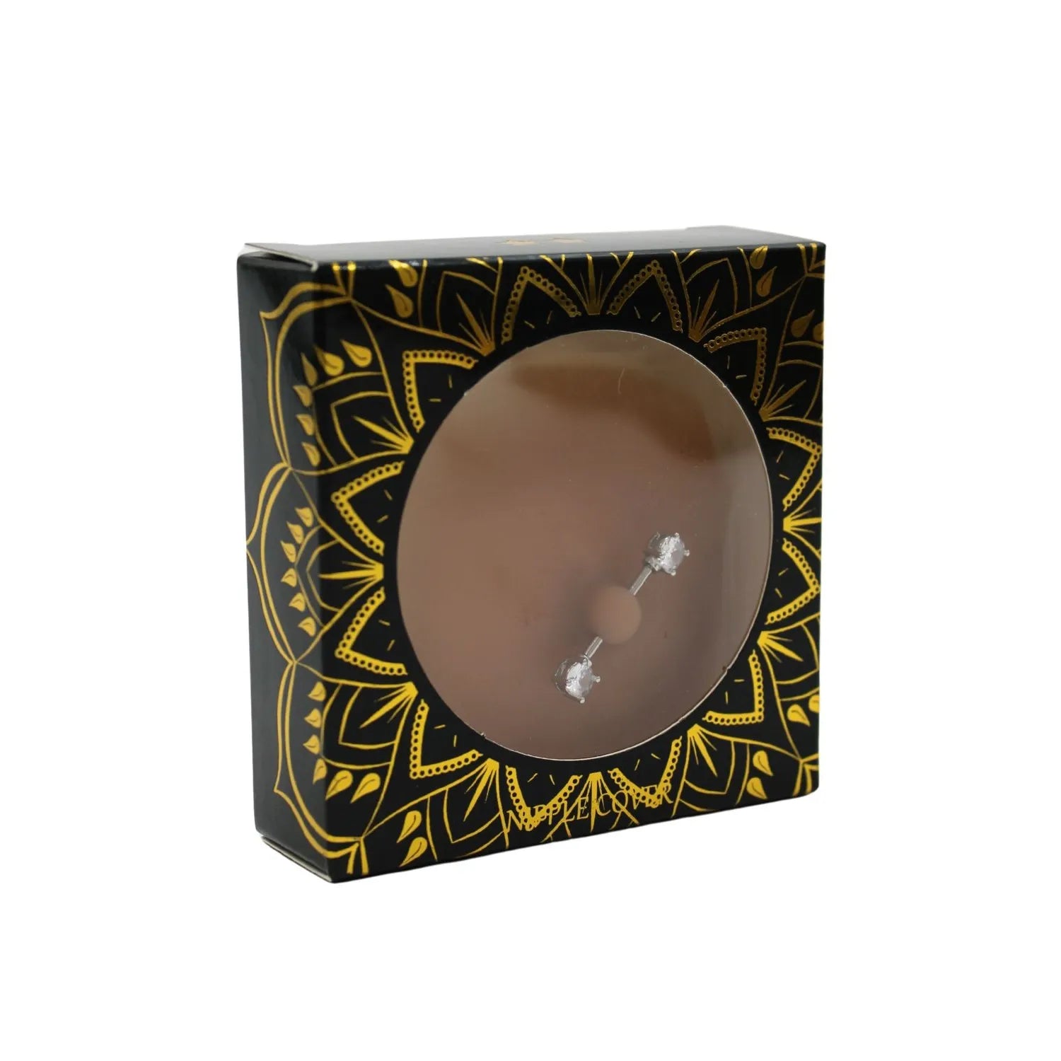 Cache-tétons silicone peau métissée avec faux diamants, design élégant en boîte noire et dorée.