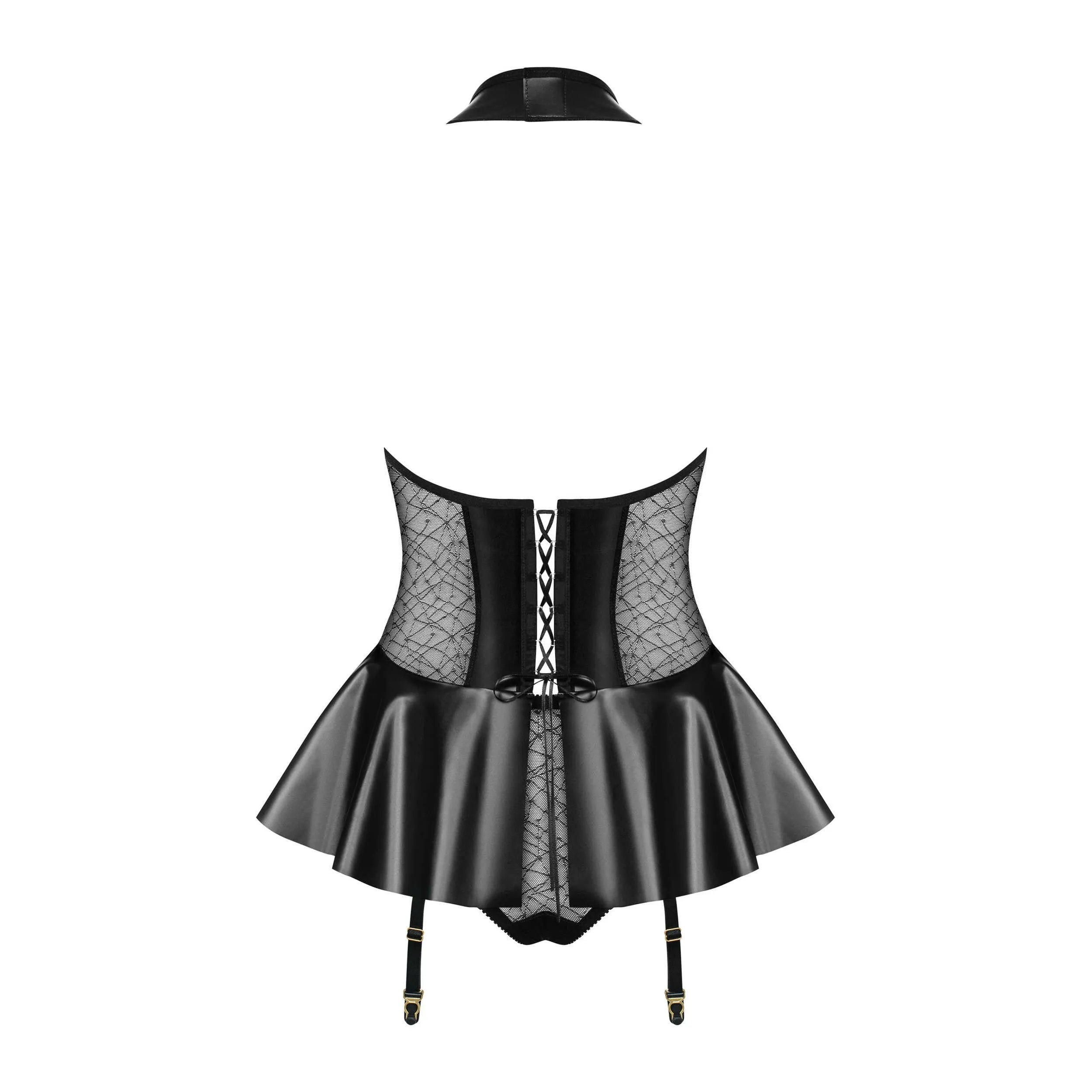 Guêpière noire Obsessive 859-COR-1, maille transparente, motifs subtils, volants, similicuir, laçage dos, jarretelles.