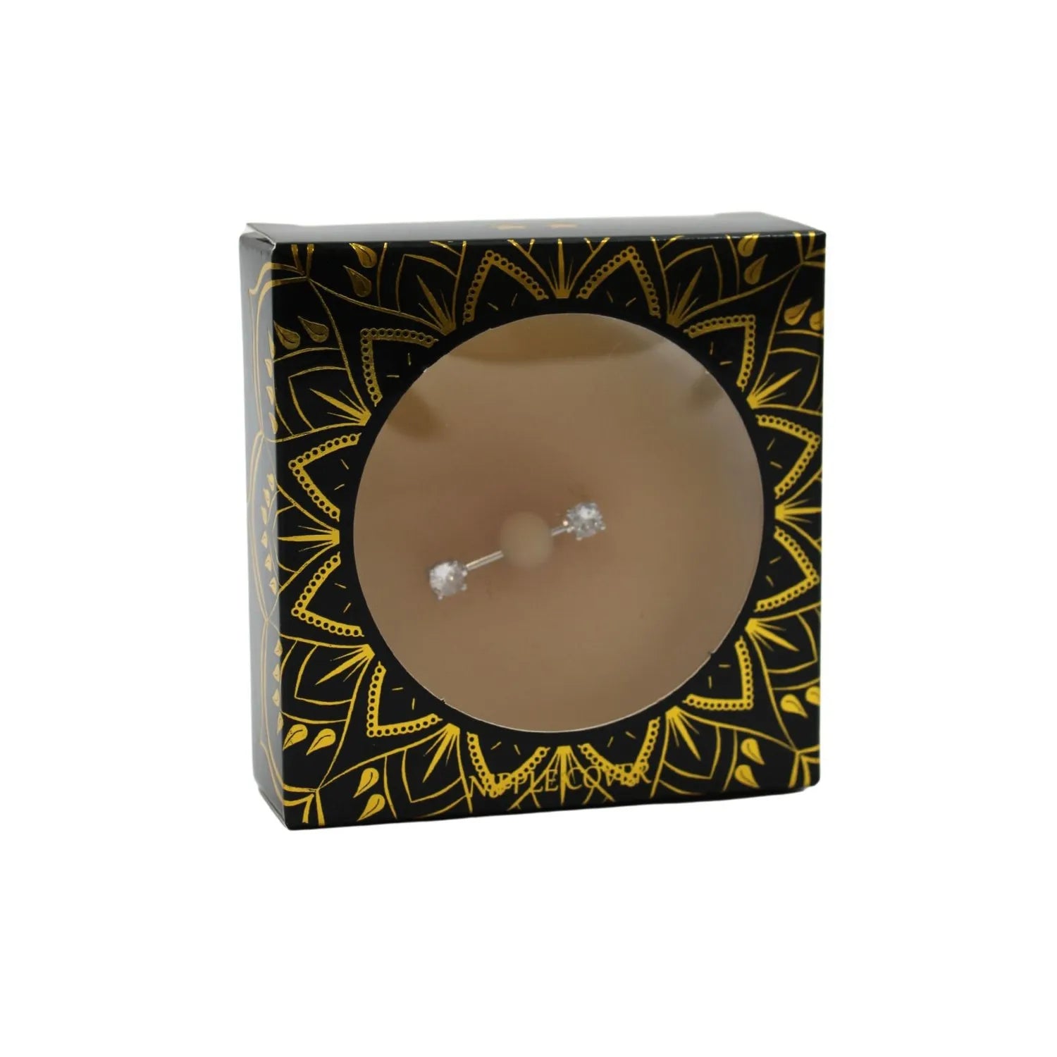 Cache-tétons silicone peau claire avec faux diamant, emballage élégant noir et doré, accessoire discret et chic.