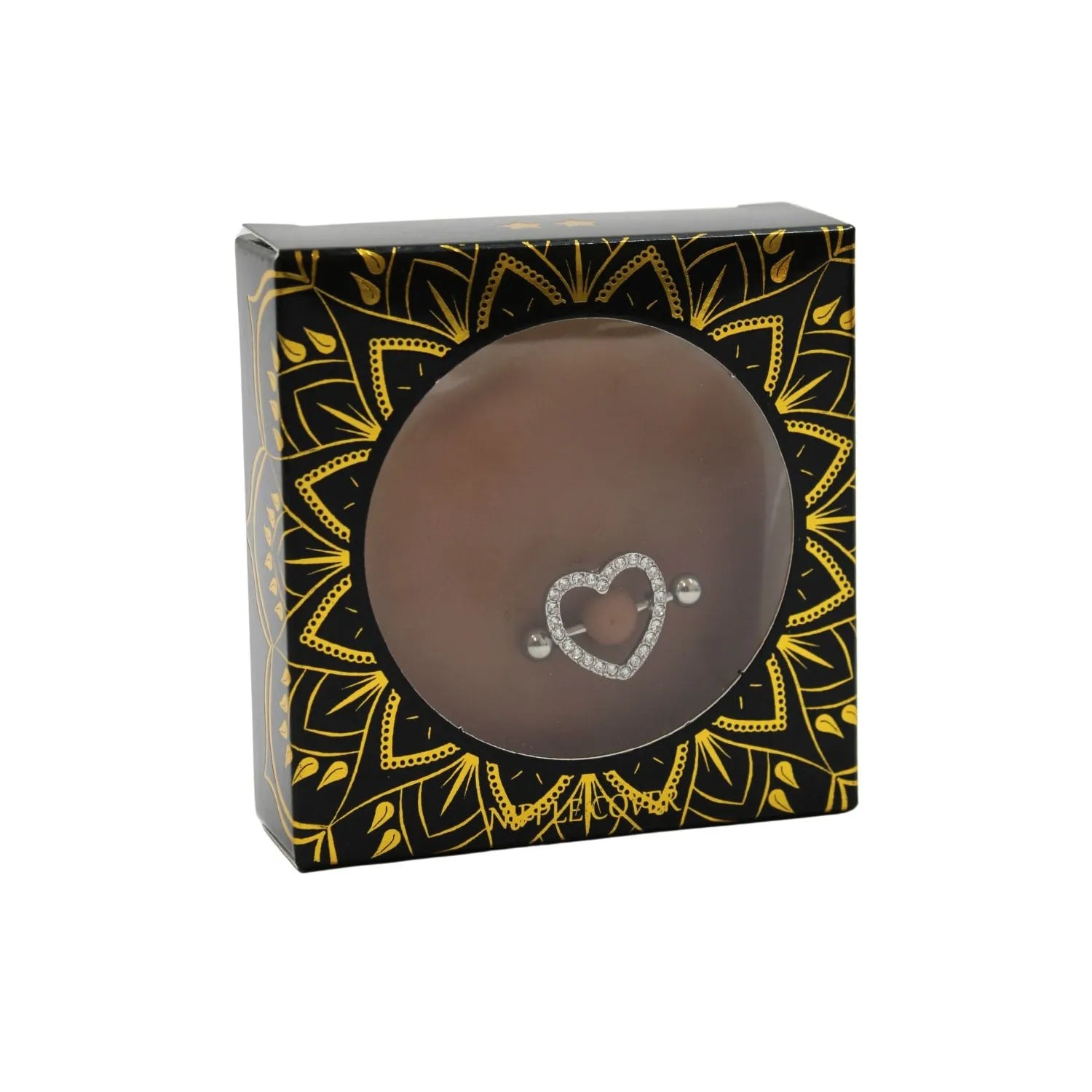 Cache-tétons silicone peau foncée, piercing cœur diamanté, élégant et réutilisable, dans un emballage noir et doré.