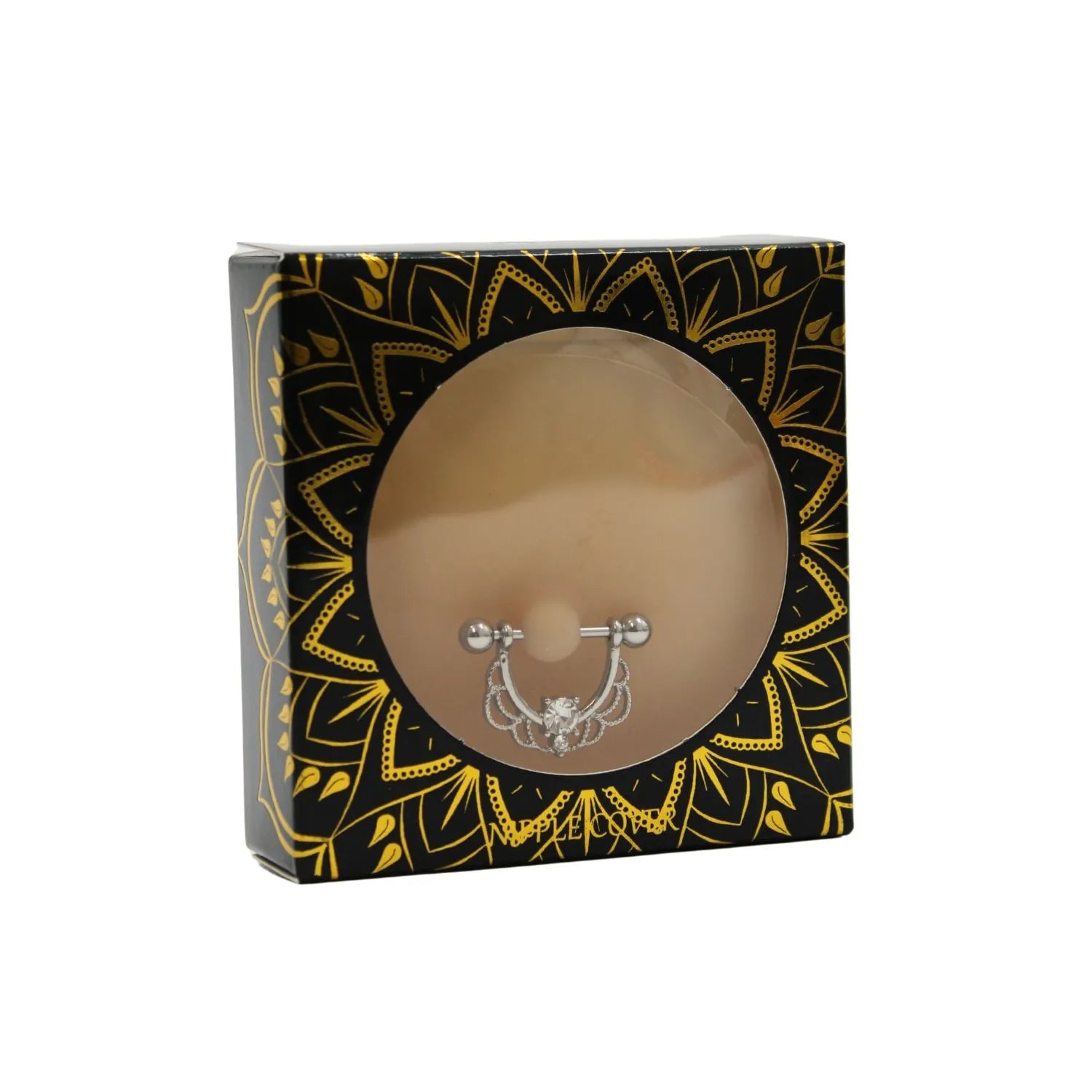 Cache-tétons silicone réutilisables, couleur peau claire, avec piercing demi-anneau strass, dans boîte décorative.